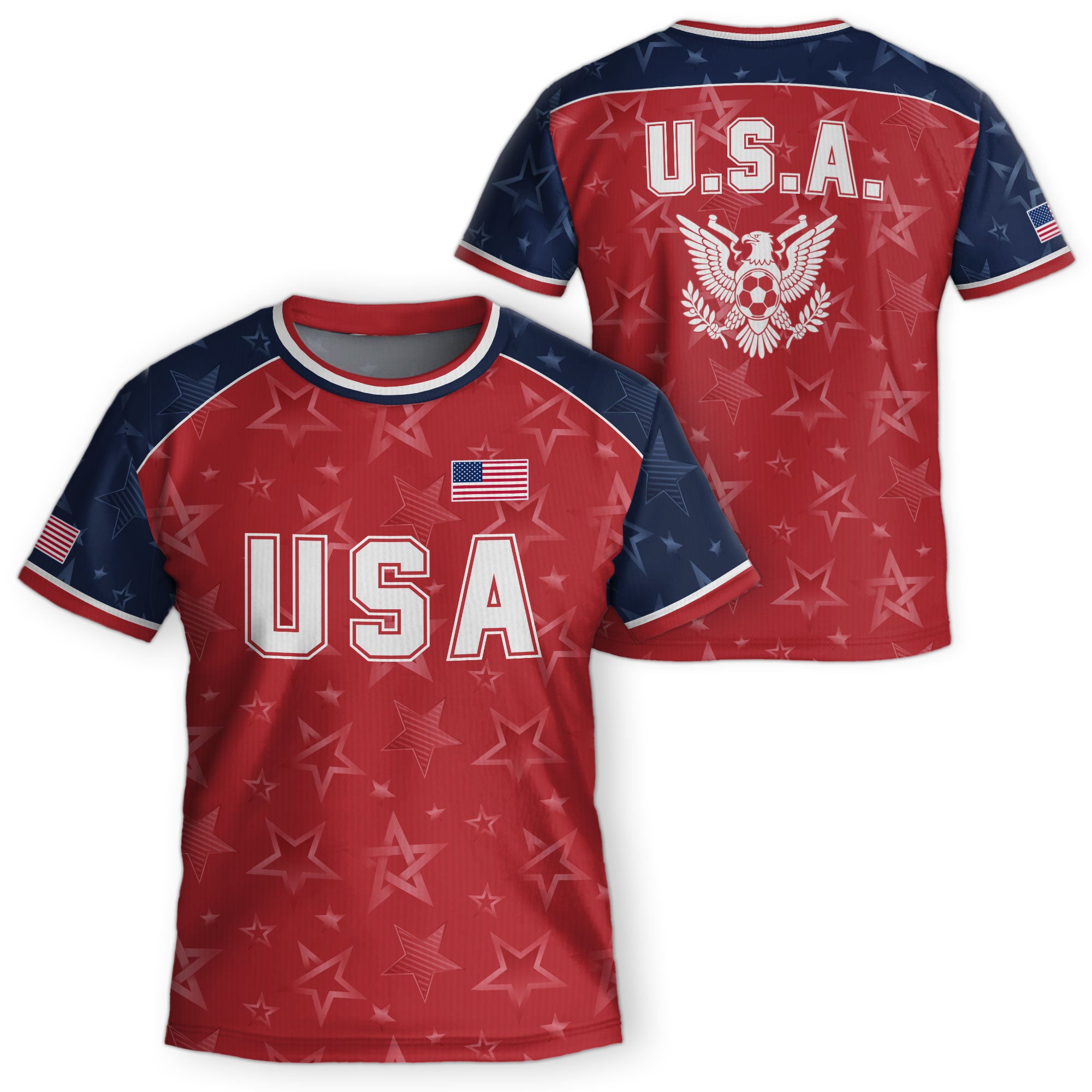 USA Kids Soccer Jersey Youth Red Blue Raglan Patriotic Stars Eagle Football Shirt
