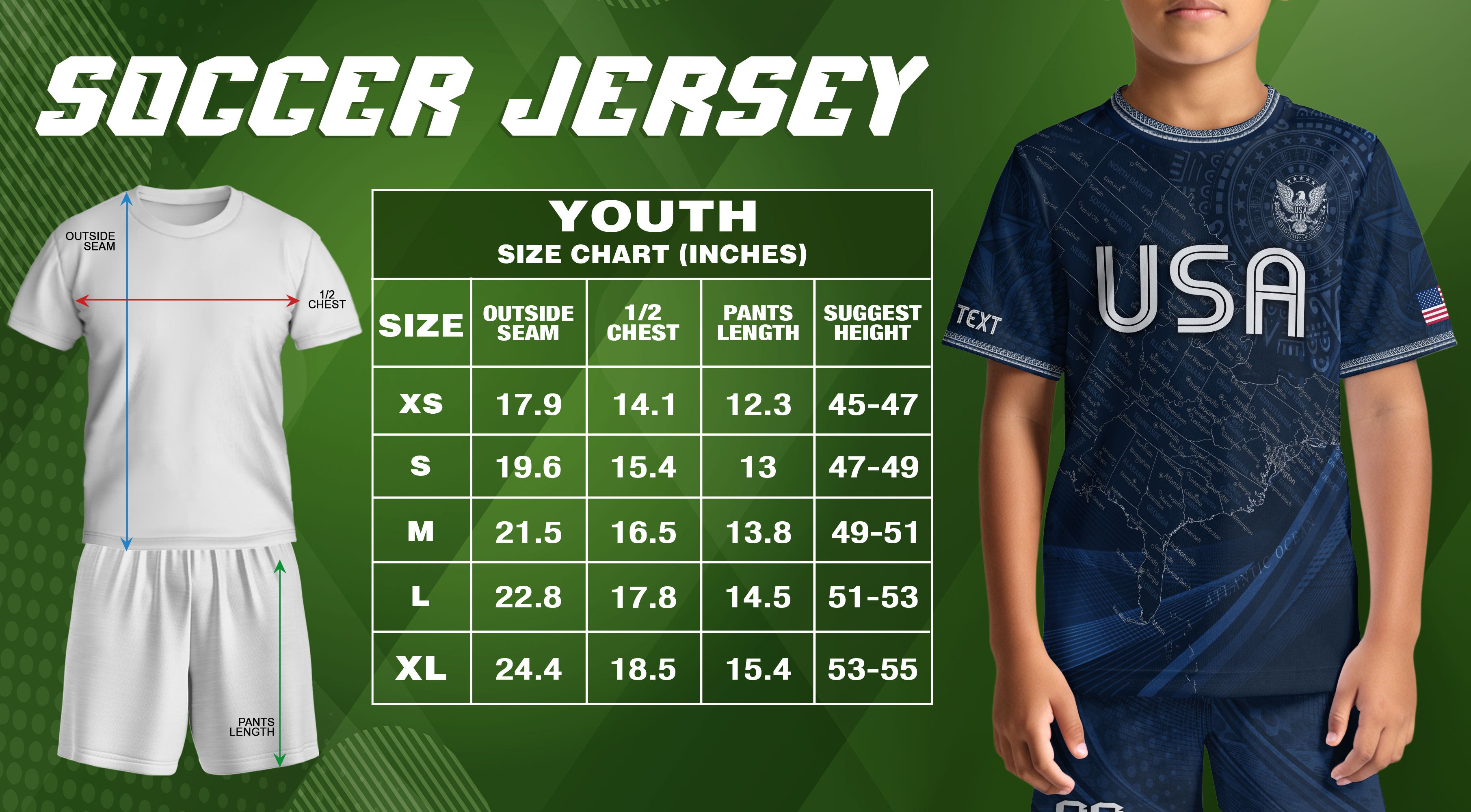 Custom Youth USA Soccer Outfit Navy Blue Jersey and Shorts with Personalized Details