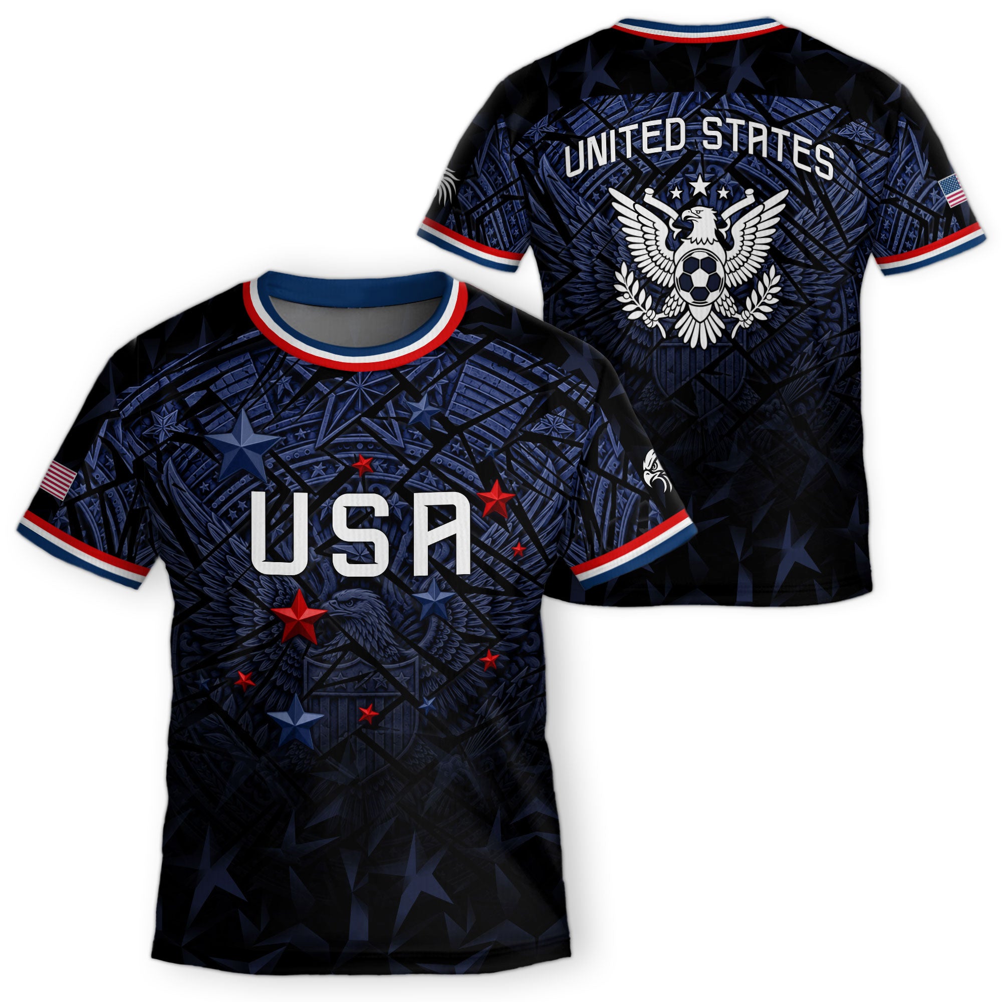 USA Patriotic Kids Soccer Jersey Navy Blue Eagle American Flag Youth Football Shirt