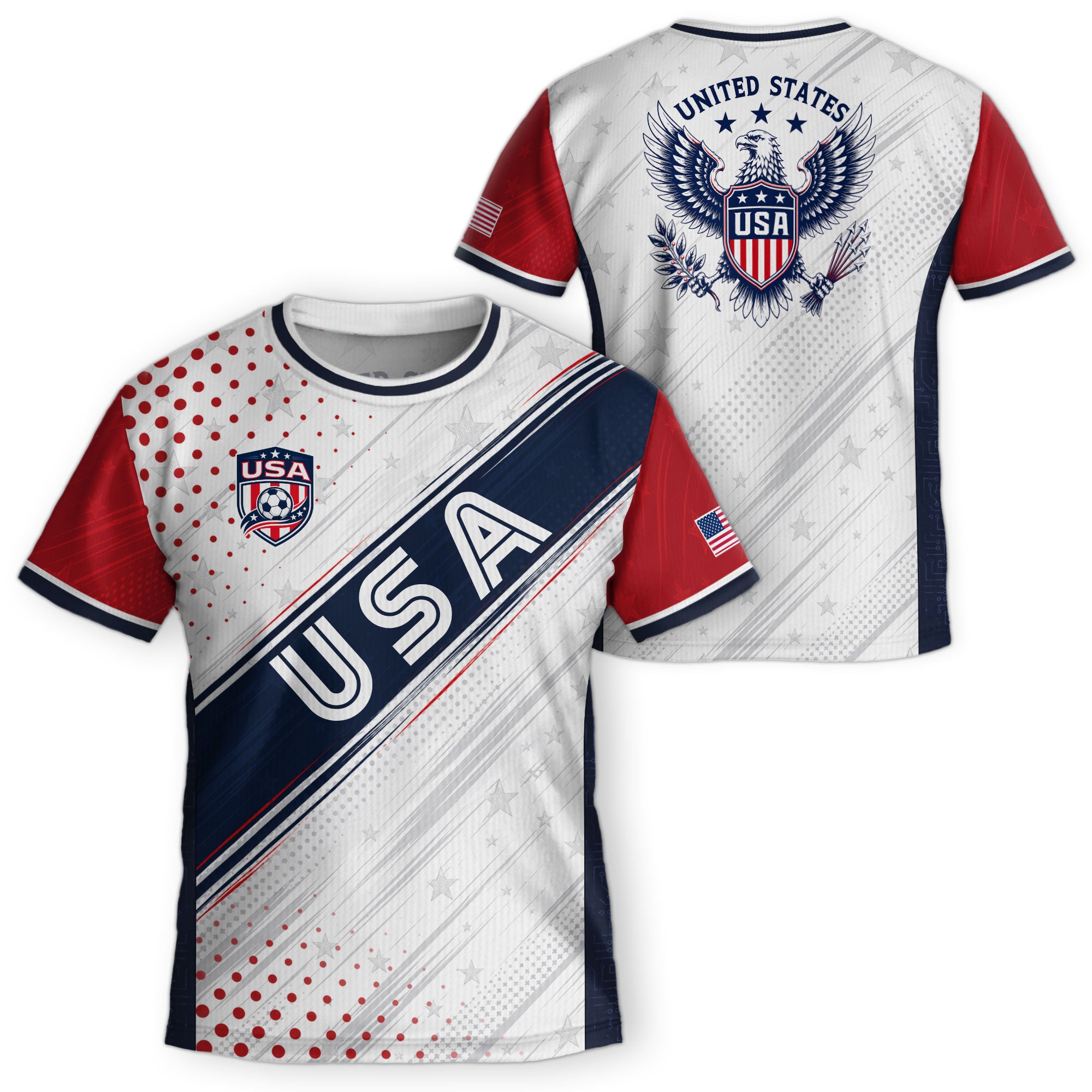Kids USA Soccer Jersey Youth Patriotic White Navy Diagonal Sash Polka Dot Sport Shirt