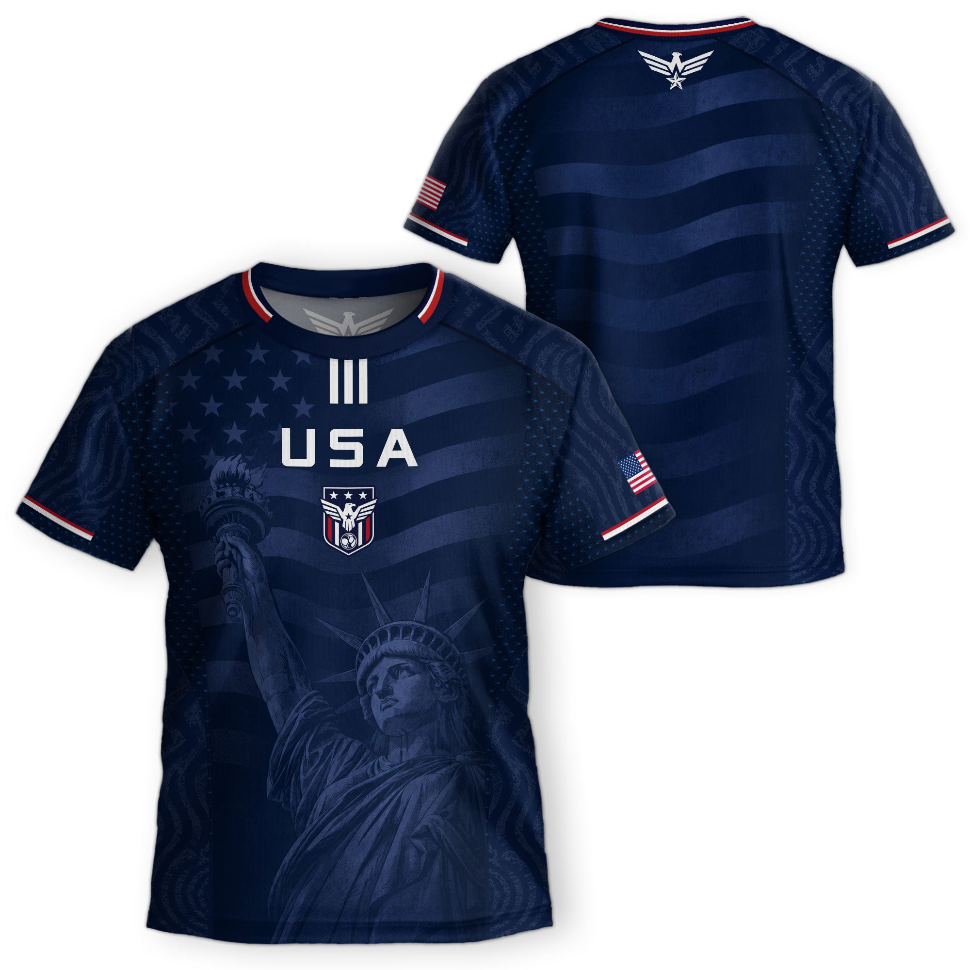 Kids USA Soccer Jersey Youth Patriotic Navy Statue of Liberty Graphic United States Tee