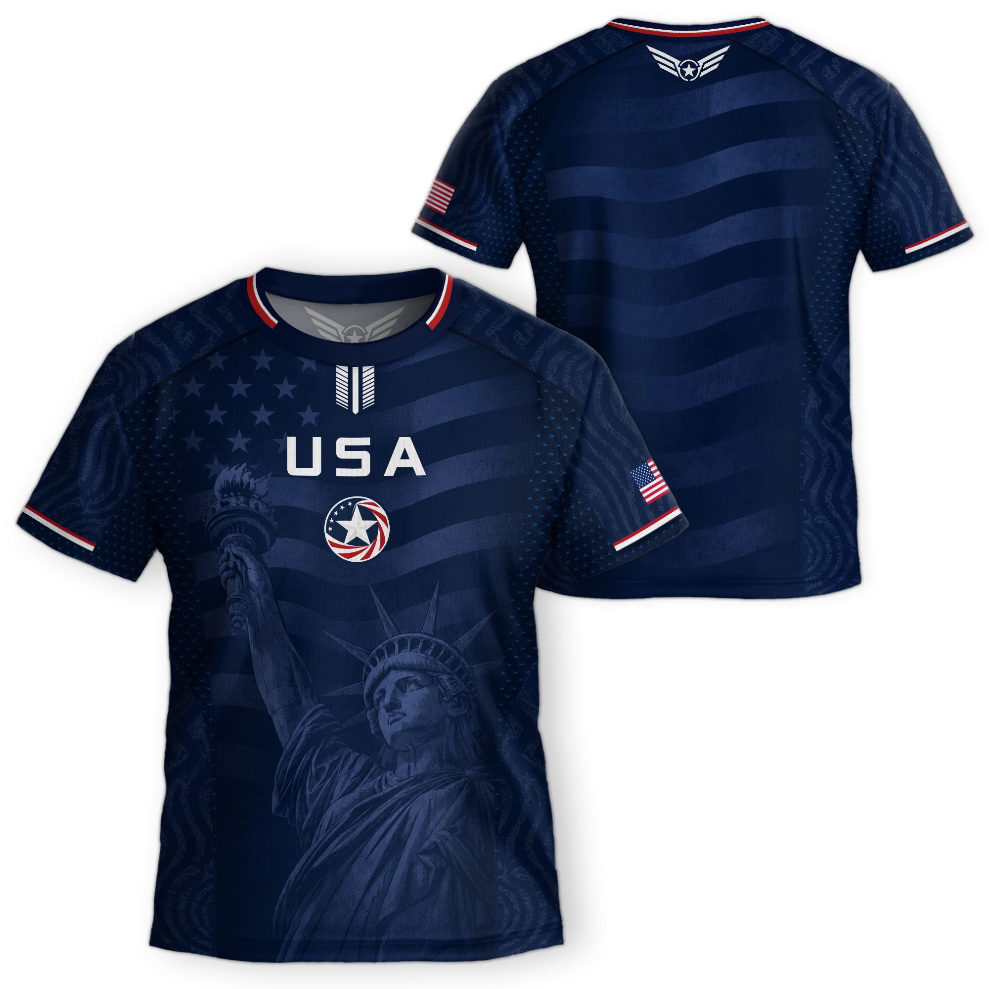 Kids USA Soccer Jersey Youth Patriotic Navy Statue of Liberty Graphic United States Tee
