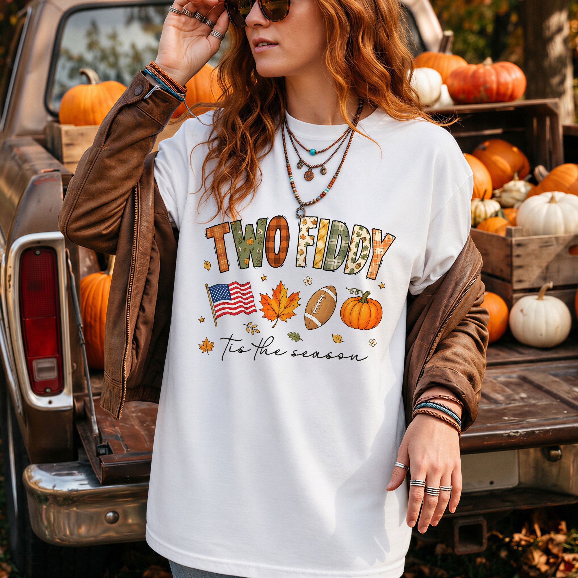 Two Fiddy Tis The Season Shirt Football Pumpkin Fall US Flag Patriotic Tee