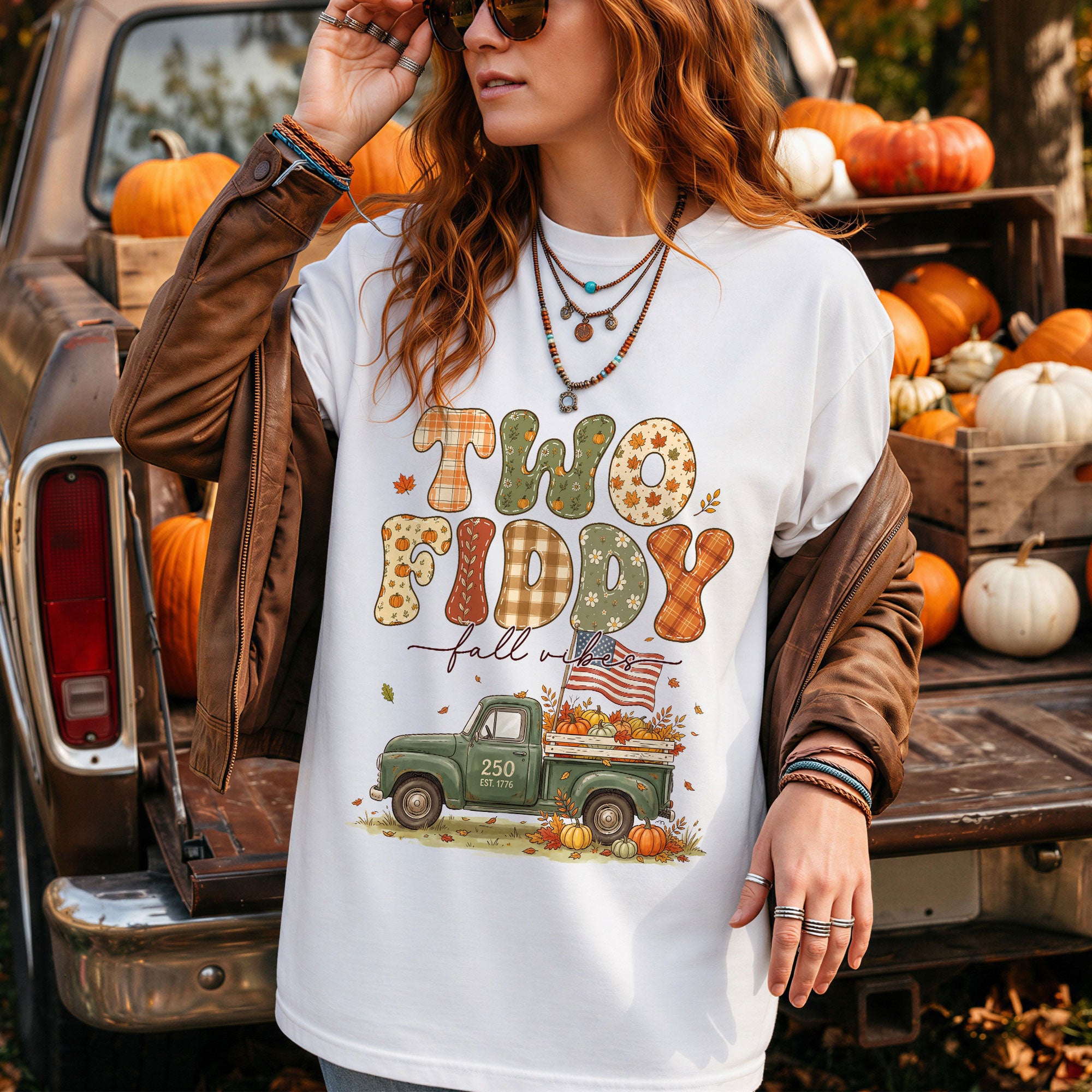 Two Fiddy Fall Vibes Shirt Vintage Pumpkin Truck US Flag Autumn Graphic Tee