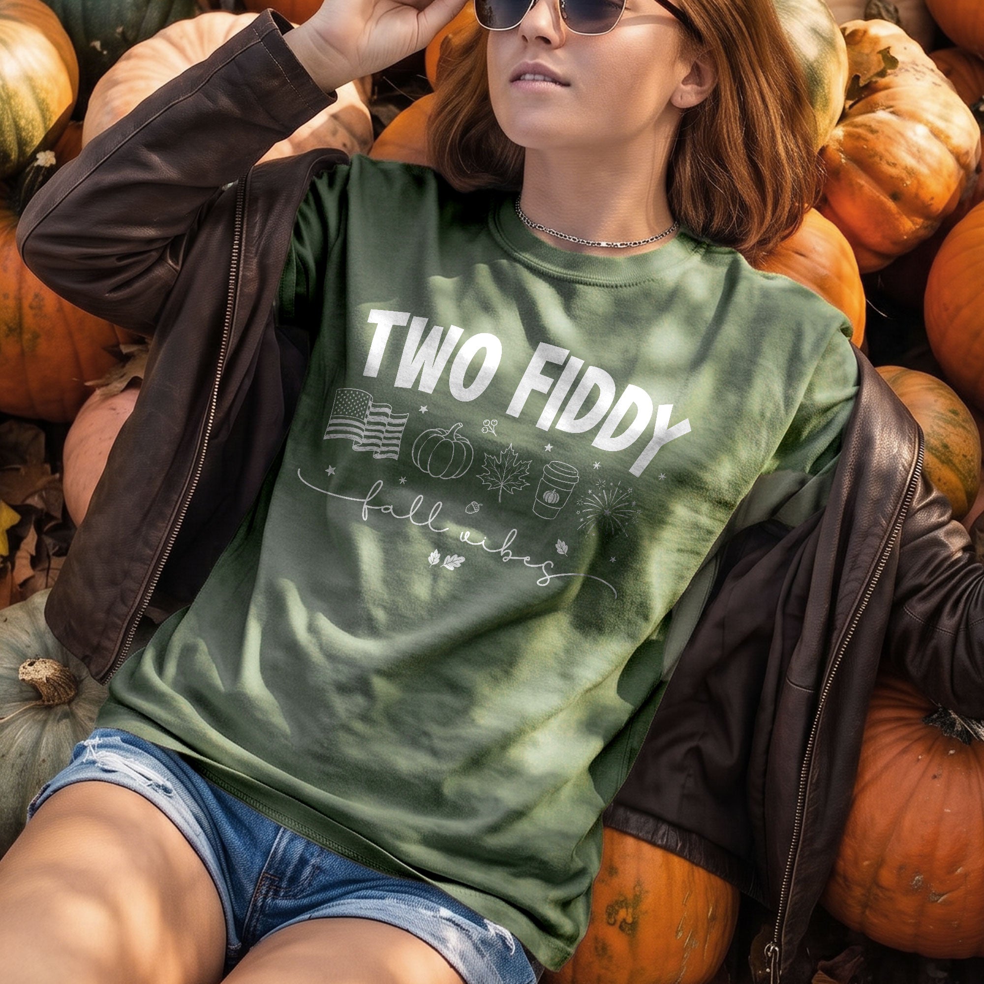 Two Fiddy Fall Shirt Pumpkin Spice Coffee US Flag Fireworks Autumn Graphic