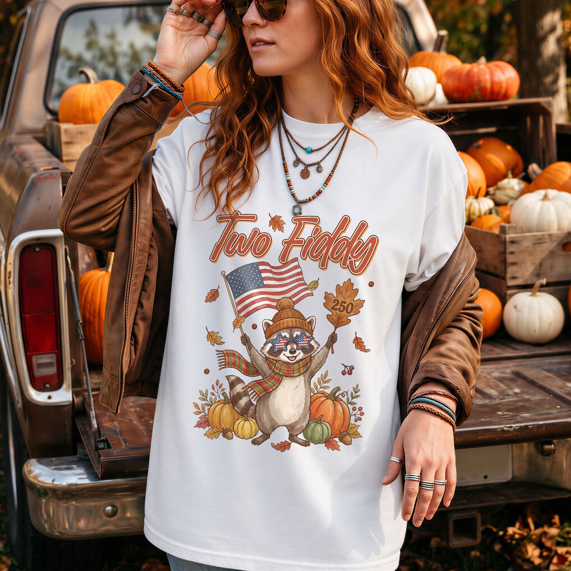 Two Fiddy Fall Vibes Shirt Cute Raccoon Pumpkin US Flag Autumn Graphic Tee