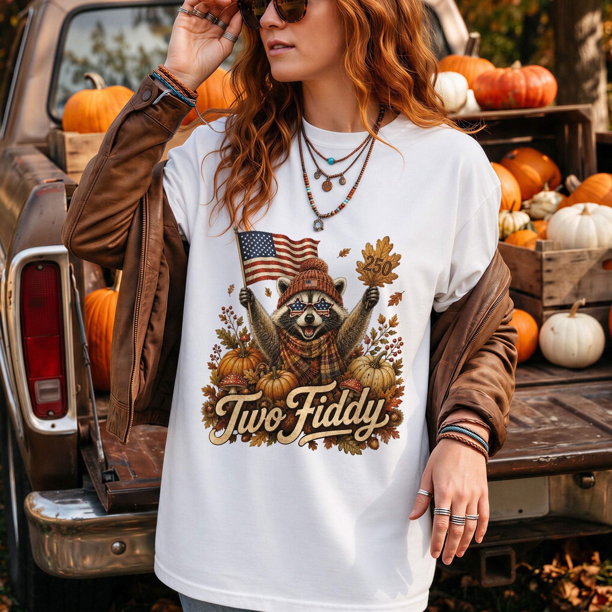 Patriotic Fall Shirt Two Fiddy Retro Raccoon Pumpkin US Flag Autumn Graphic Tee