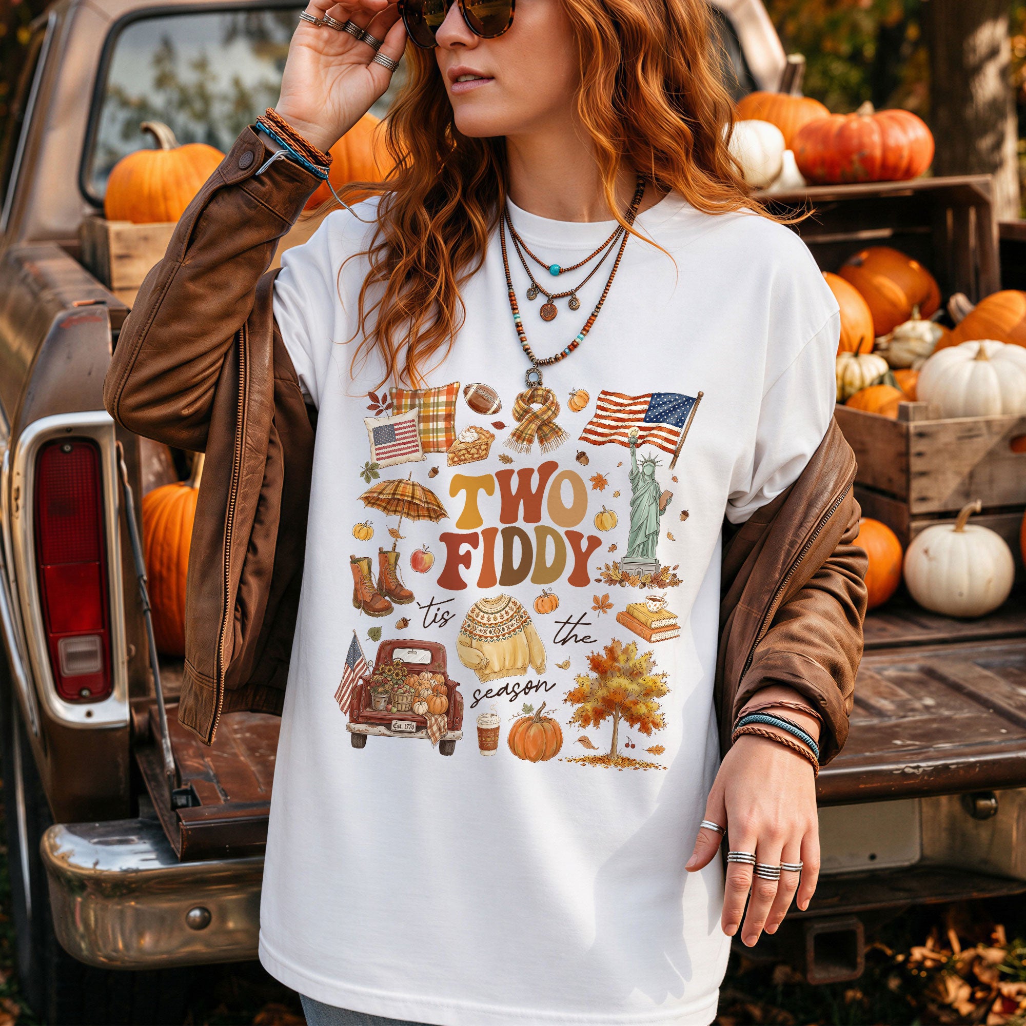Two Fiddy Tis The Season Shirt Fall Doodle Pumpkin Statue of Liberty US Flag Tee