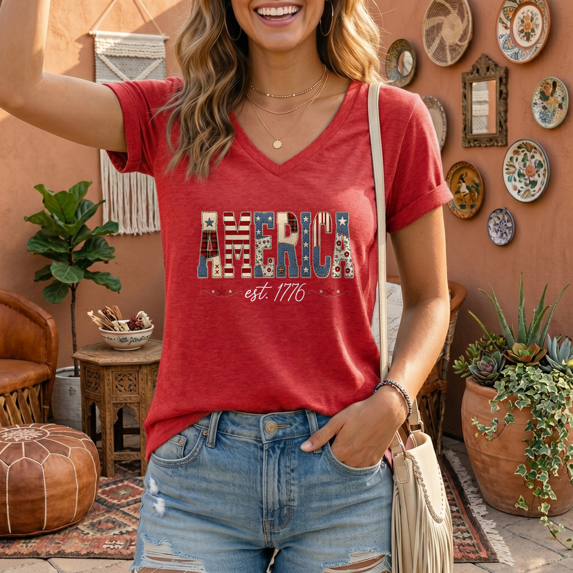 Patriotic America Est. 1776 V-Neck Tee - Women's Custom Graphic Summer Top