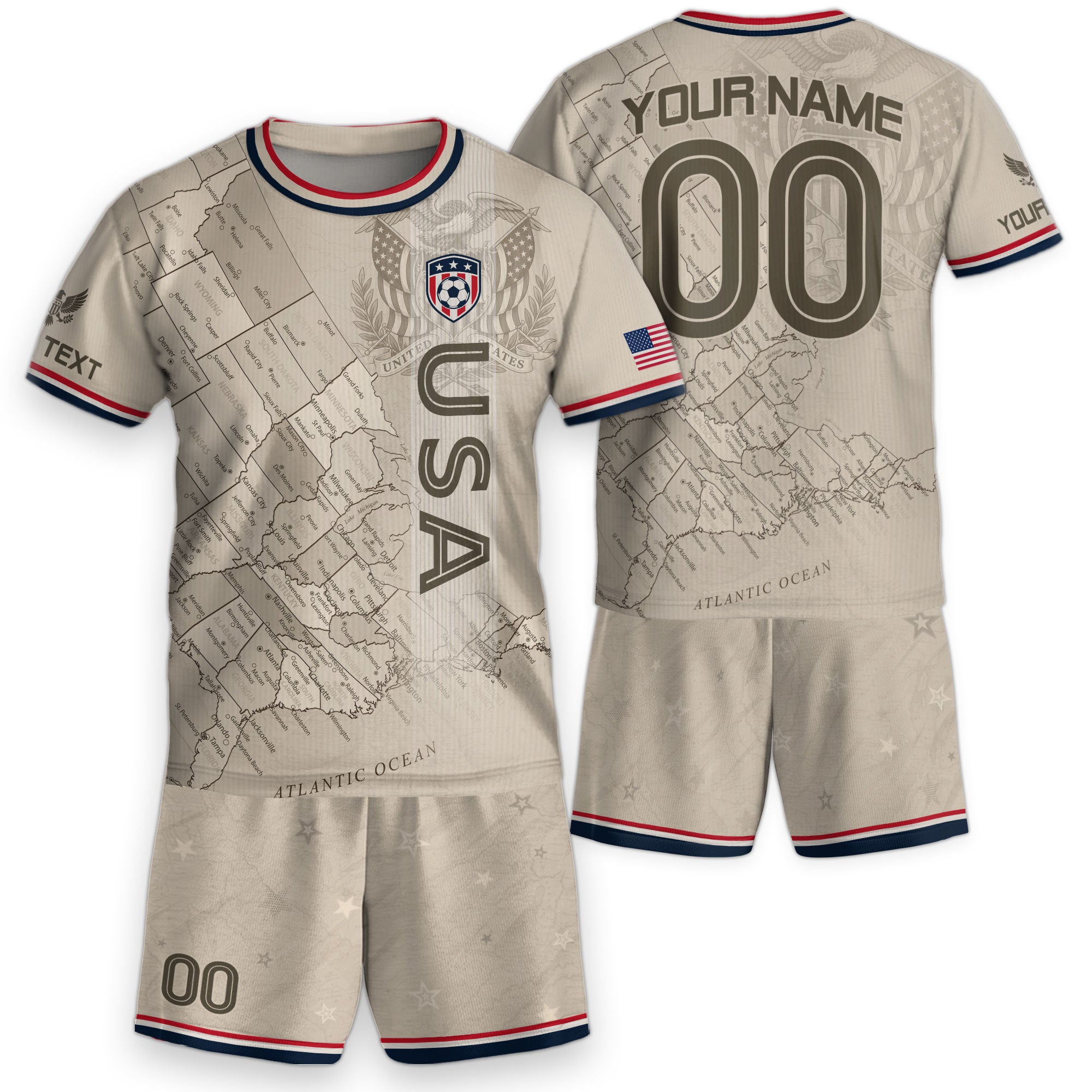 Custom Sand Beige USA Soccer Jersey and Shorts Set Kid Personalized Name and Number