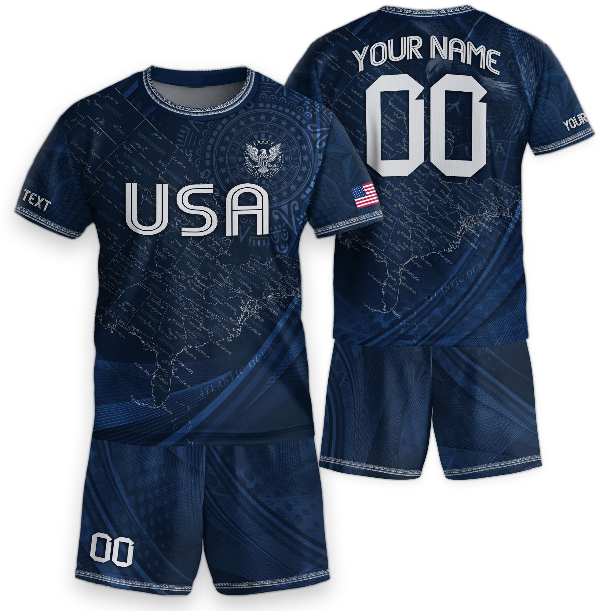 Custom Youth USA Soccer Outfit Navy Blue Jersey and Shorts with Personalized Details