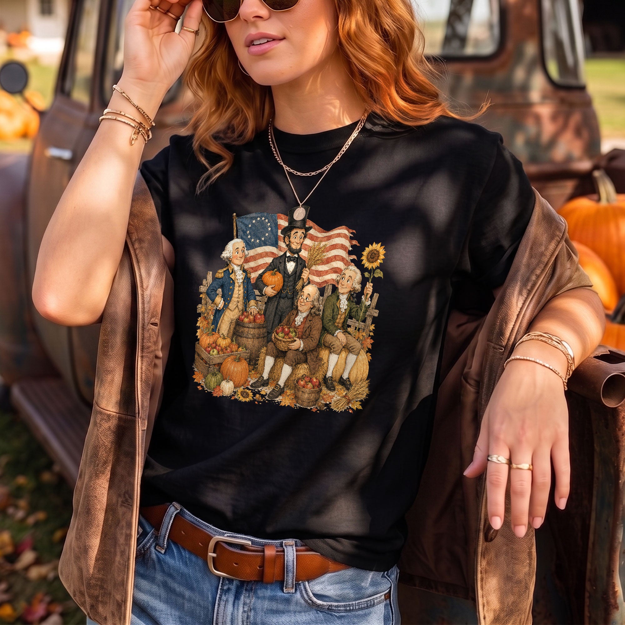 Historical Figures Fall T-Shirt Patriotic Autumn Graphic Tee for Thanksgiving Lovers