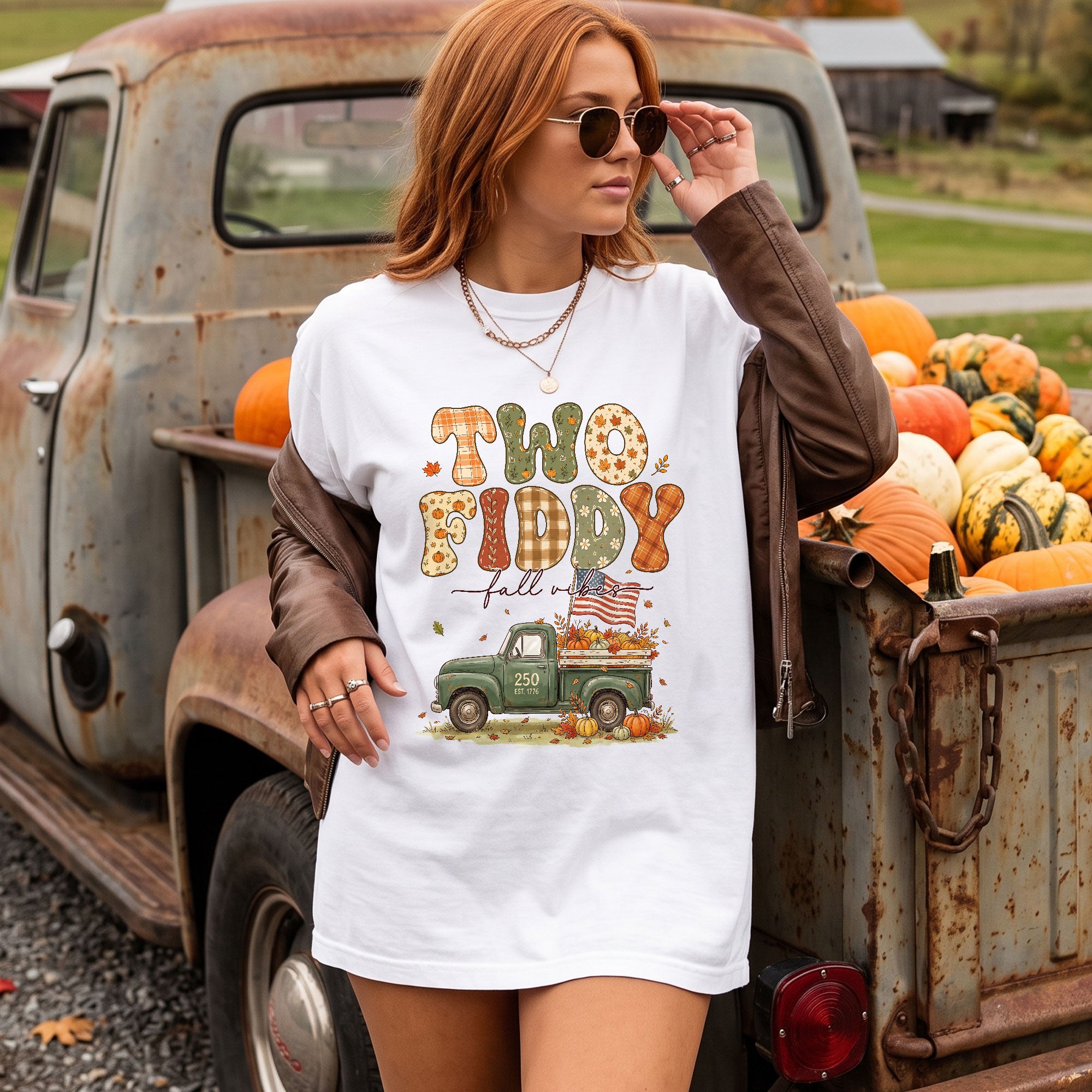 Two Fiddy Fall Vibes Shirt Vintage Pumpkin Truck US Flag Autumn Graphic Tee