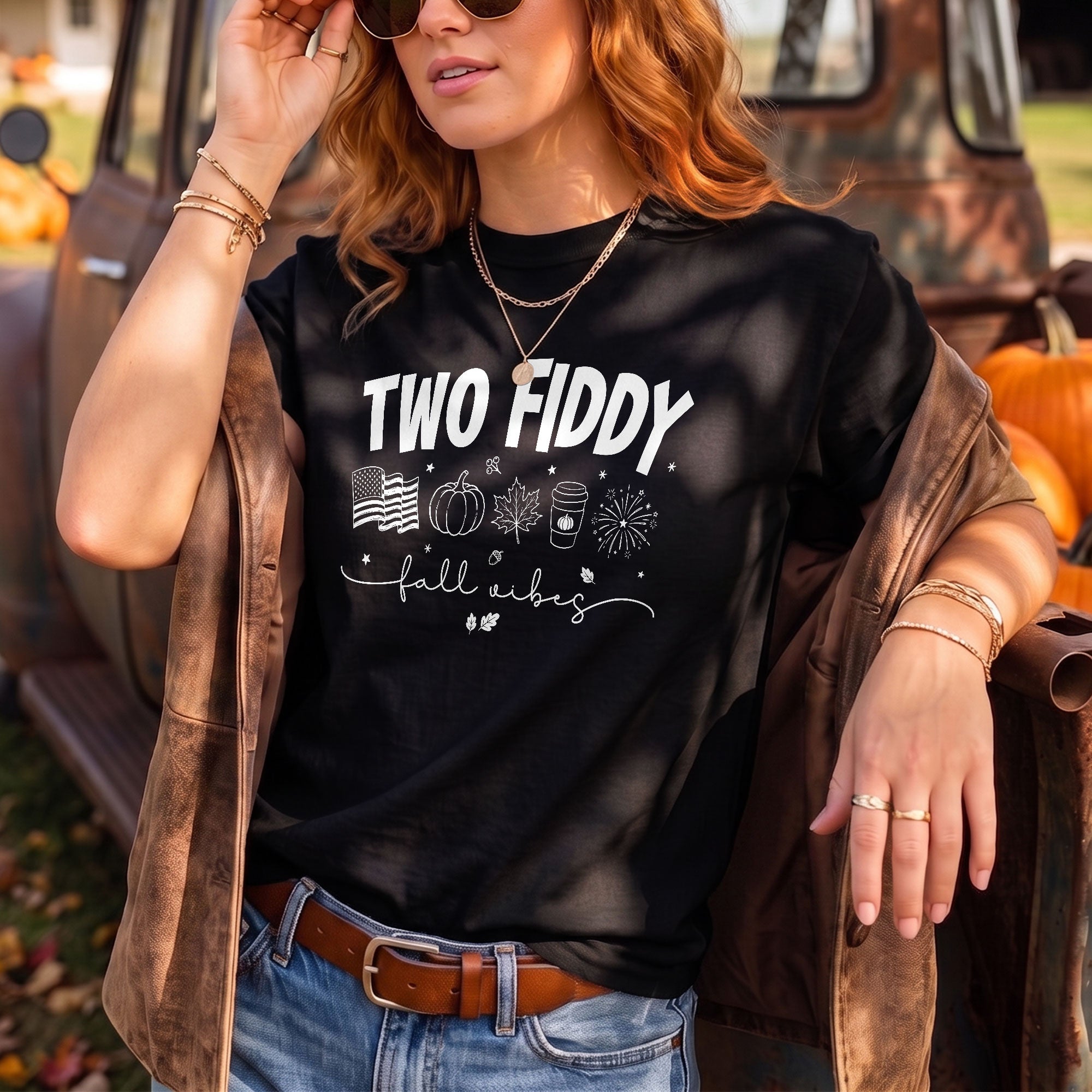Two Fiddy Fall Shirt Pumpkin Spice Coffee US Flag Fireworks Autumn Graphic