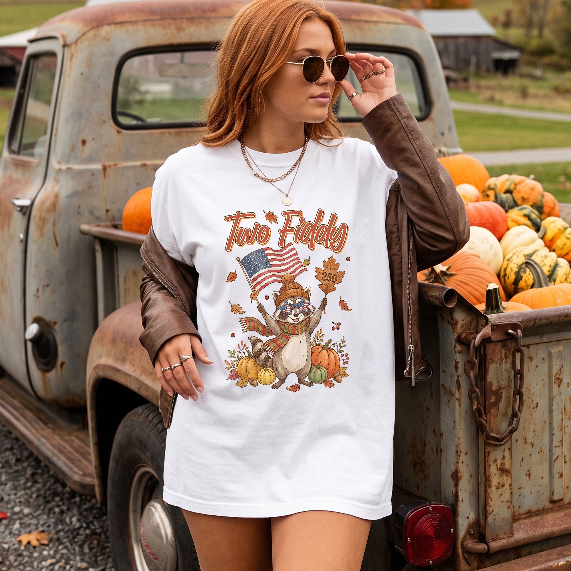 Two Fiddy Fall Vibes Shirt Cute Raccoon Pumpkin US Flag Autumn Graphic Tee