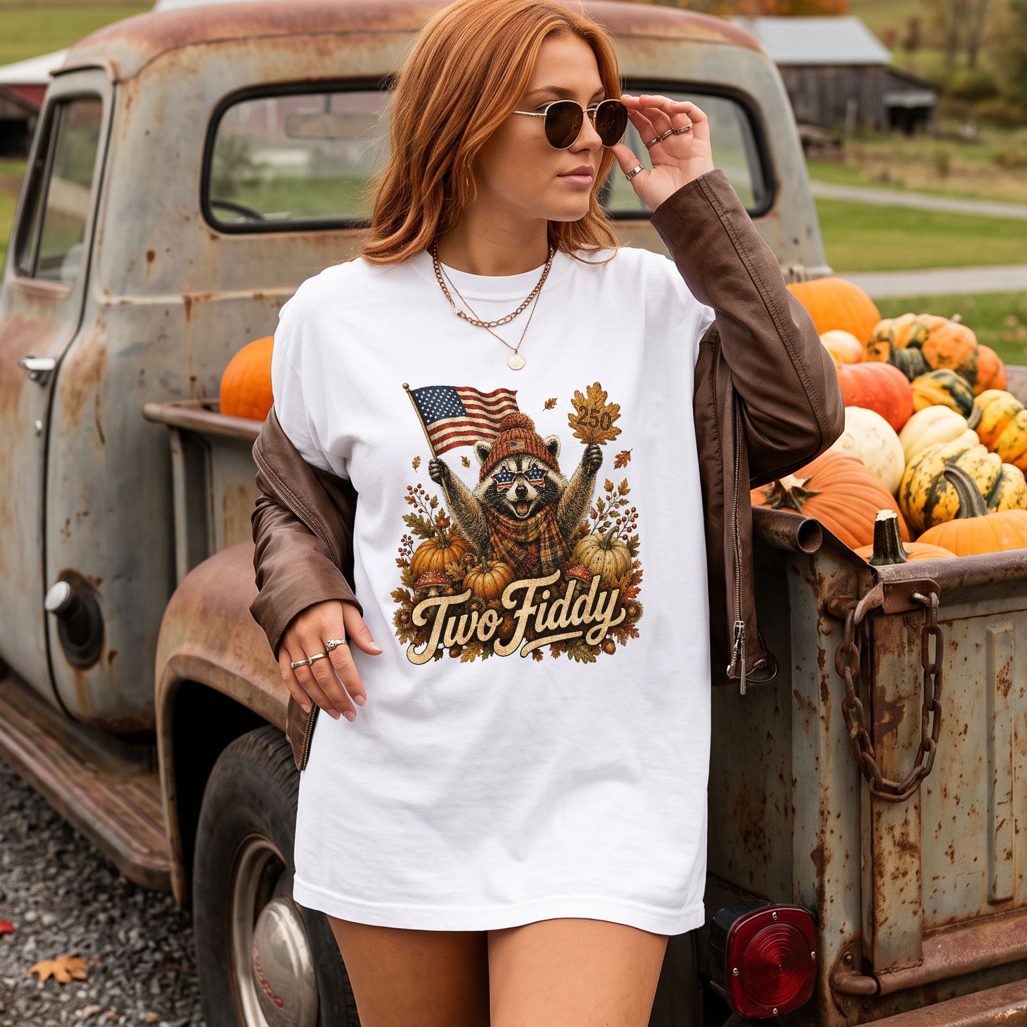 Patriotic Fall Shirt Two Fiddy Retro Raccoon Pumpkin US Flag Autumn Graphic Tee