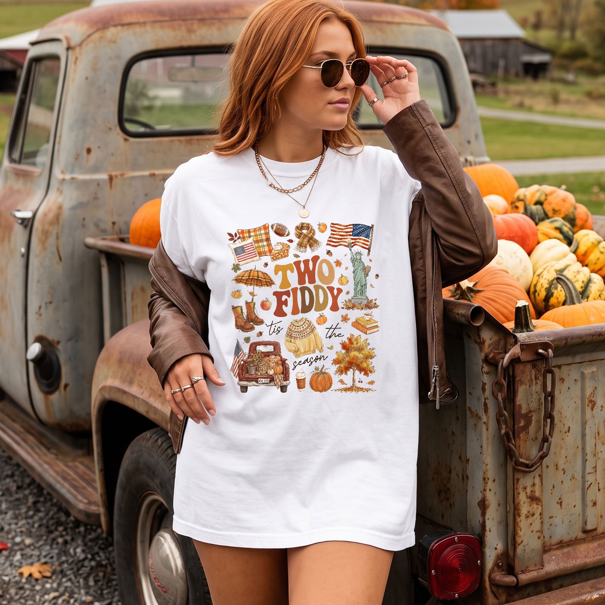 Two Fiddy Tis The Season Shirt Fall Doodle Pumpkin Statue of Liberty US Flag Tee