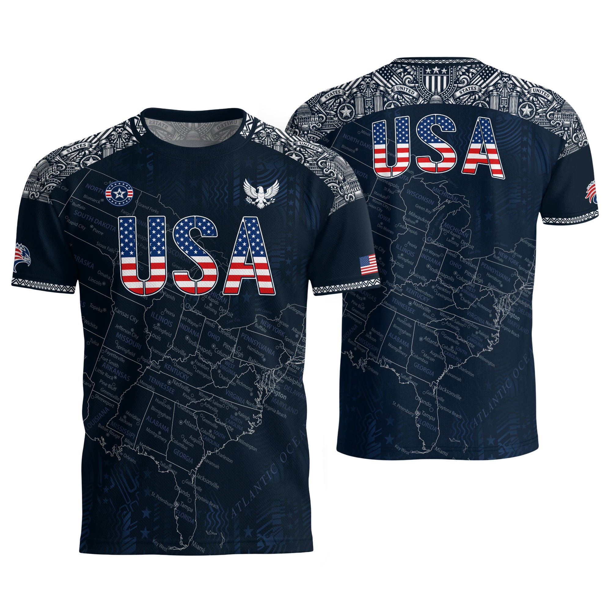 Navy USA Soccer Jersey Flag Pattern US Map American Shirt Patriotic Stars Stripes