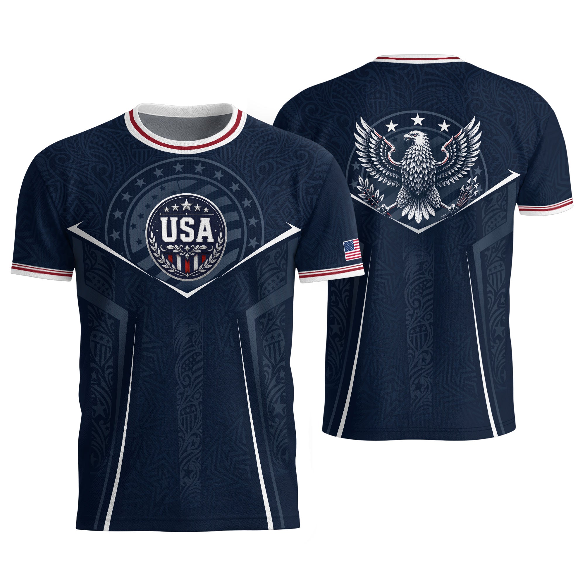 USA Soccer Jersey Navy Blue American Flag Shirt Patriotic Eagle Shield Fan Tee