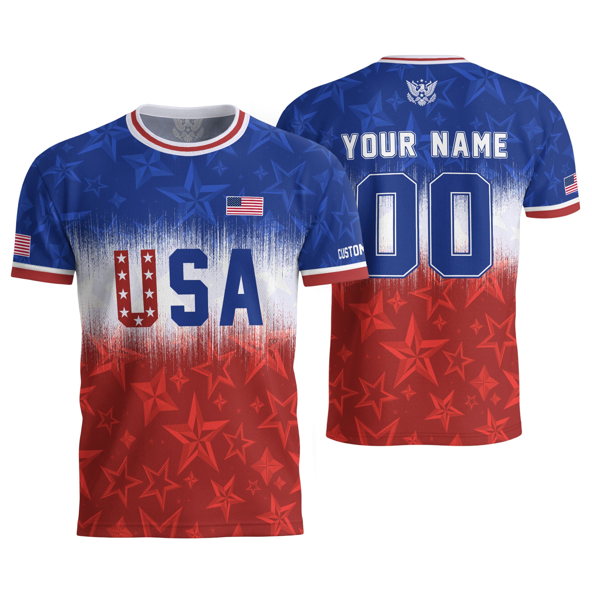 Customized USA Soccer Jersey Crewneck Ombre Stars Patriotic Graphic Tee Athletic Top