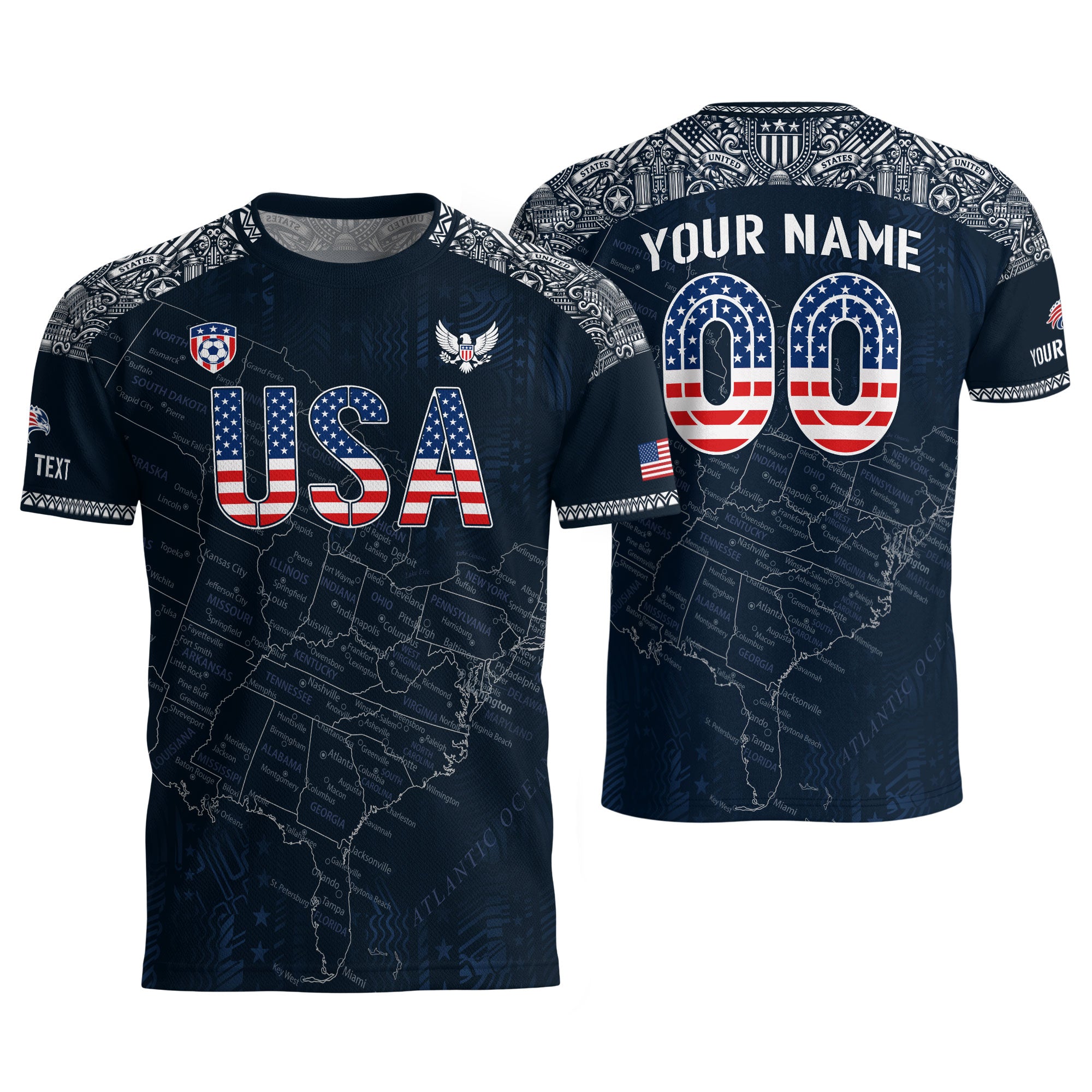 Custom Name Number USA Soccer Jersey Vintage Map Patriotic Navy Blue Football Team Shirt