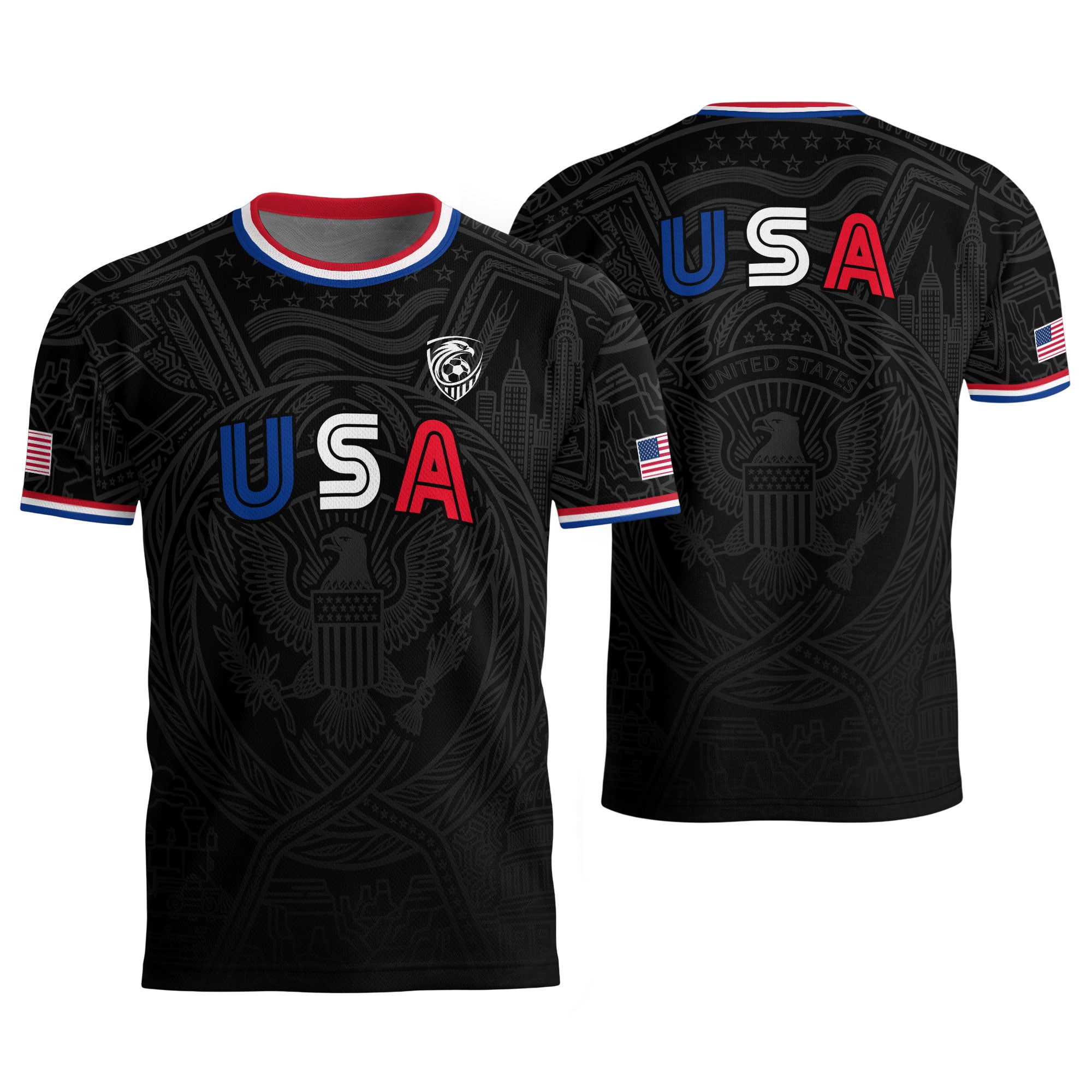 USA Patriotic Soccer Jersey Adult Black Eagle American Flag Independence Day Shirt