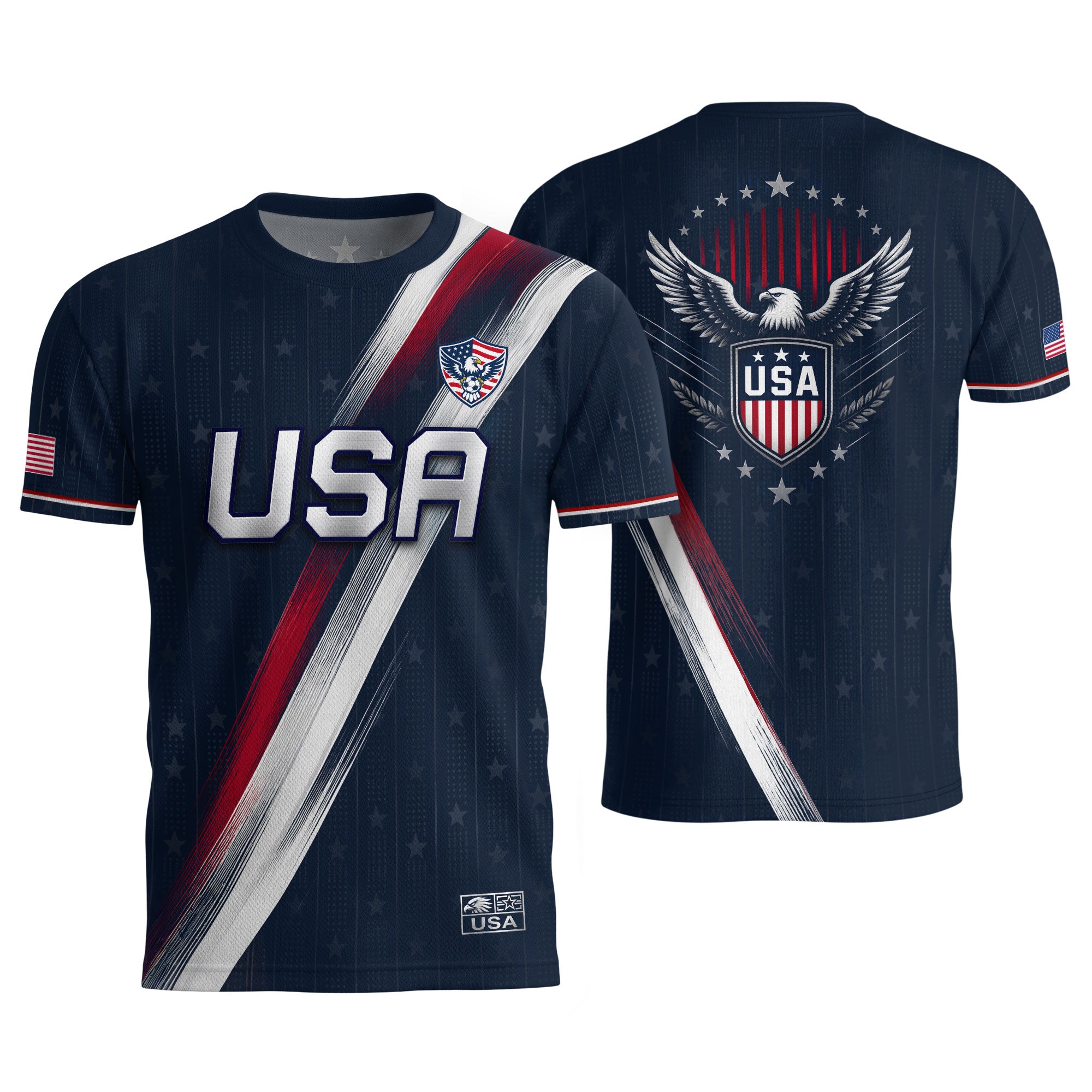 USA Soccer Jersey Adult Navy Patriotic Diagonal Sash Shirt United States Football Tee