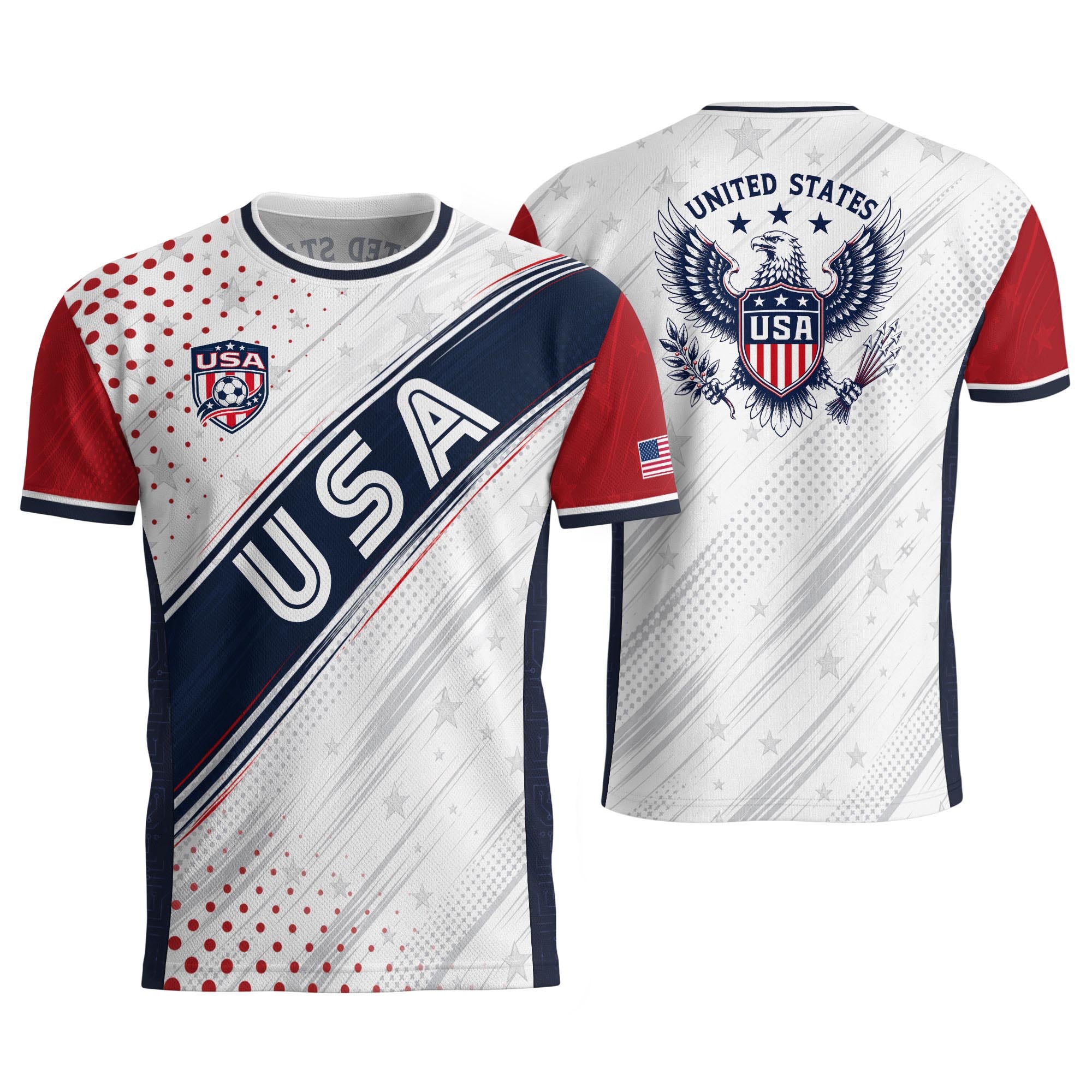 Adult USA Soccer Jersey White Navy Patriotic Diagonal Sash Polka Dot United States Tee