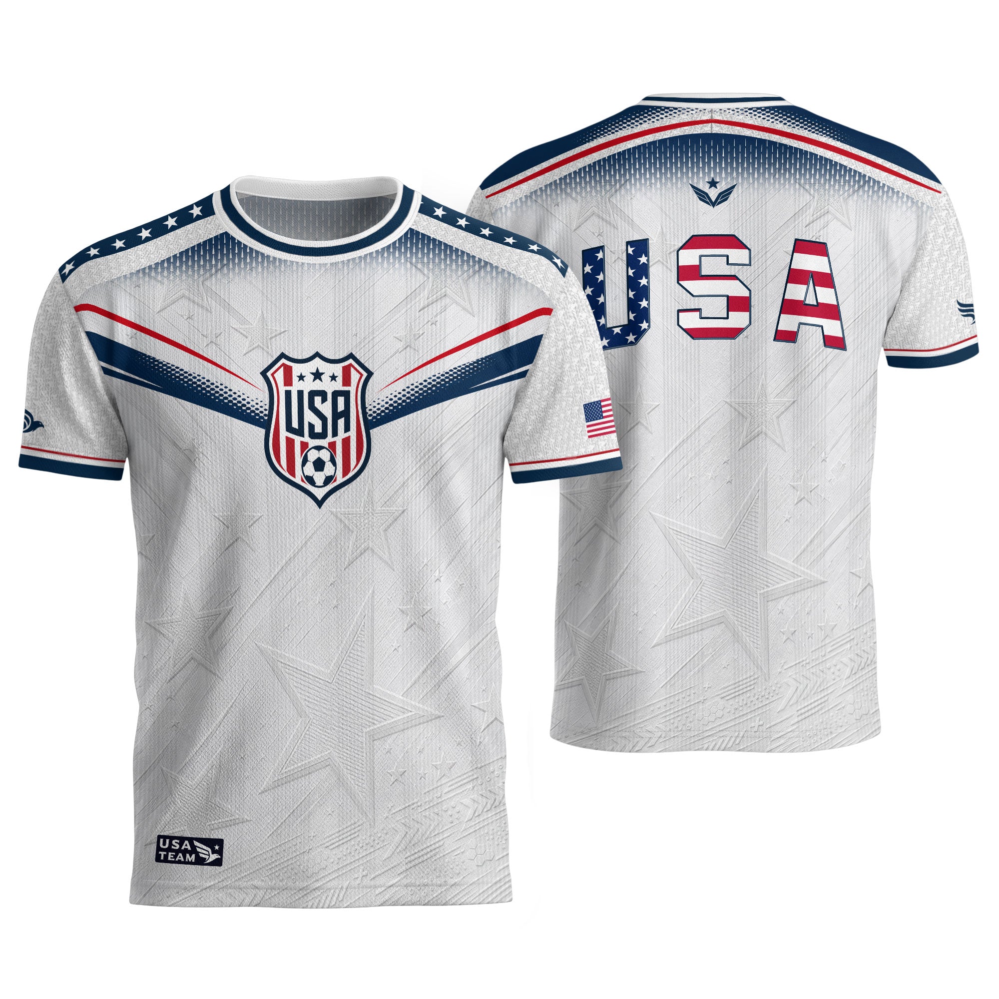 Adult USA Soccer Jersey Patriotic White Flag Pattern Lettering United States Fan Shirt