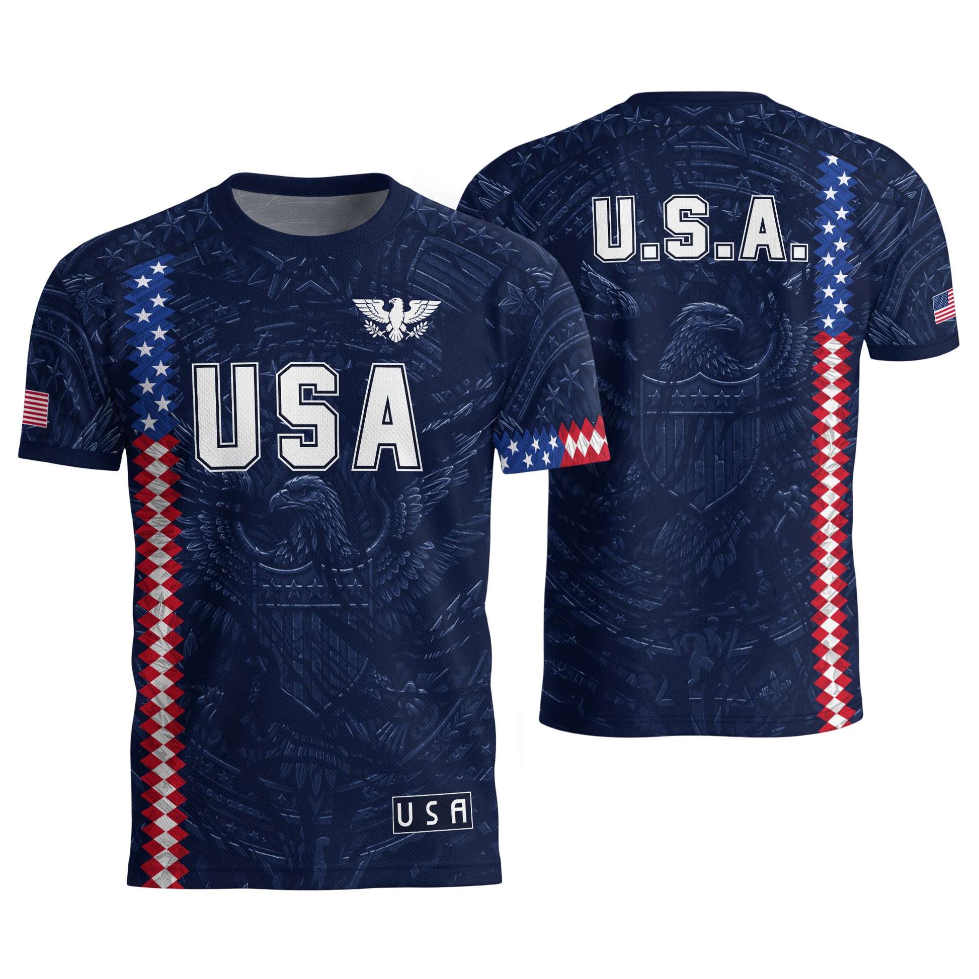 USA Soccer Jersey Men Navy Blue Eagle Flag Pattern Patriotic Football Shirt - Rust Field Wear