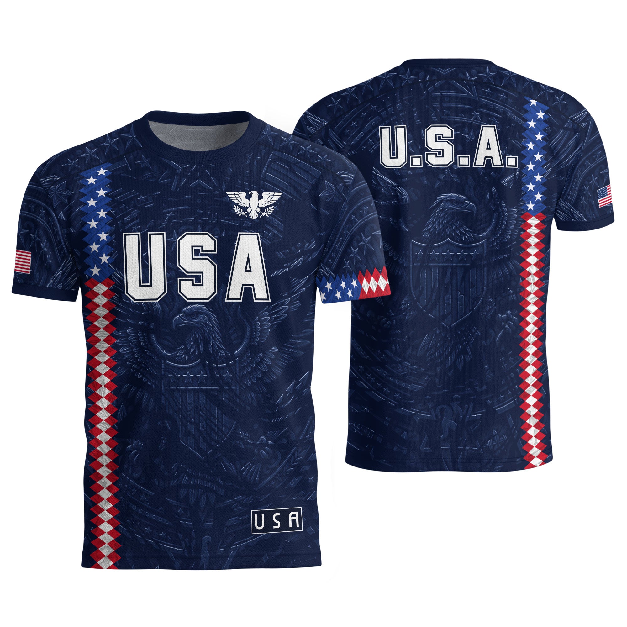 USA Soccer Jersey Men Navy Blue Eagle Flag Pattern Patriotic Football Shirt - Rust Field Wear