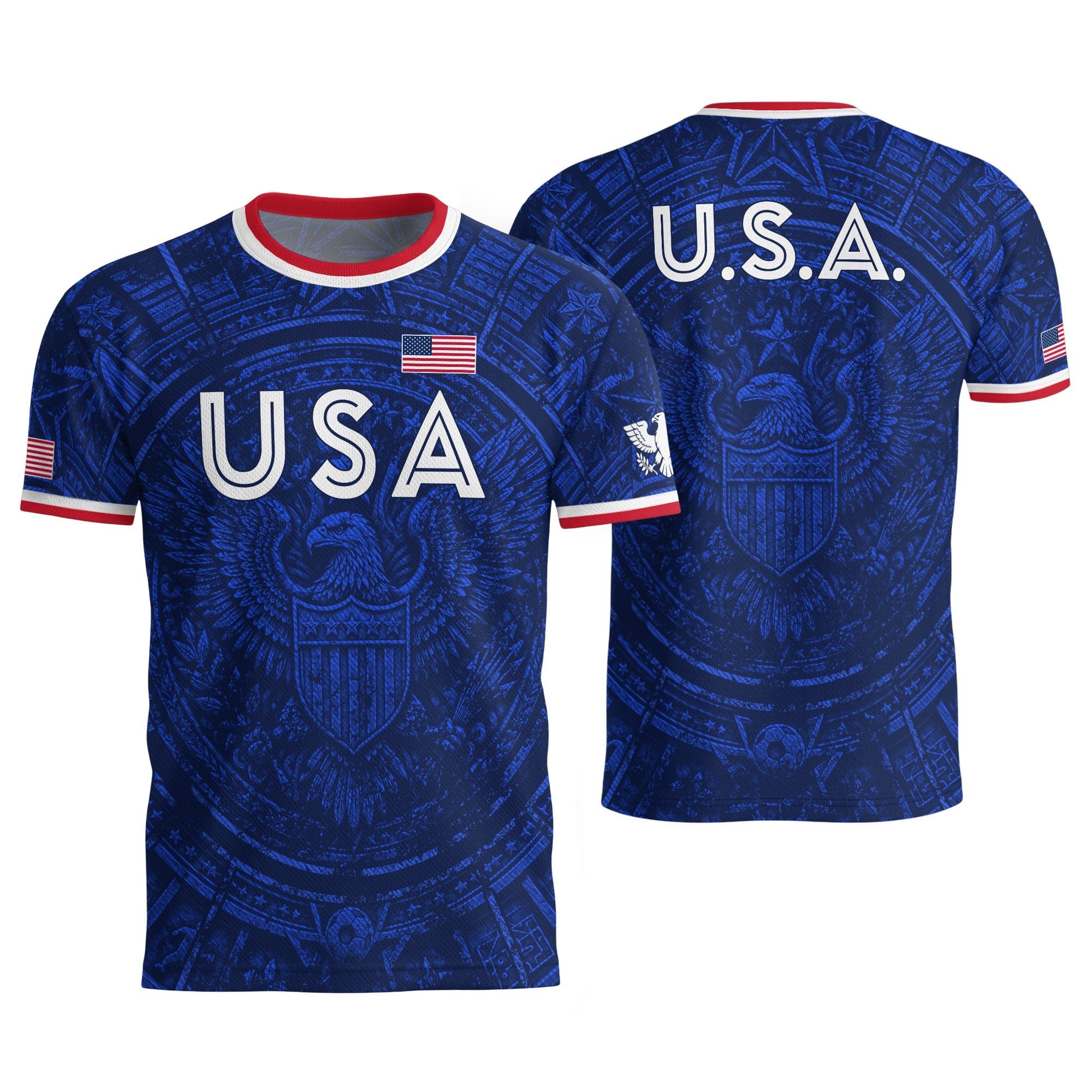 USA Soccer Jersey Men Royal Blue Eagle Graphic Patriotic Football T-Shirt - Rust Field Wear