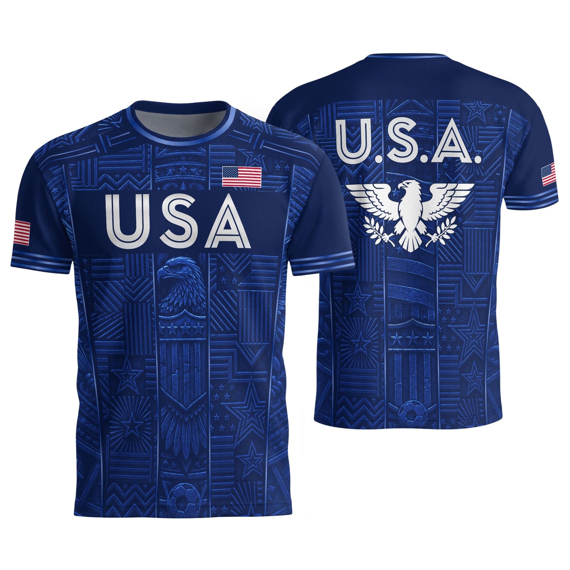 USA Soccer Jersey Men Navy Blue Eagle Star Pattern Patriotic Football T-Shirt - Rust Field Wear