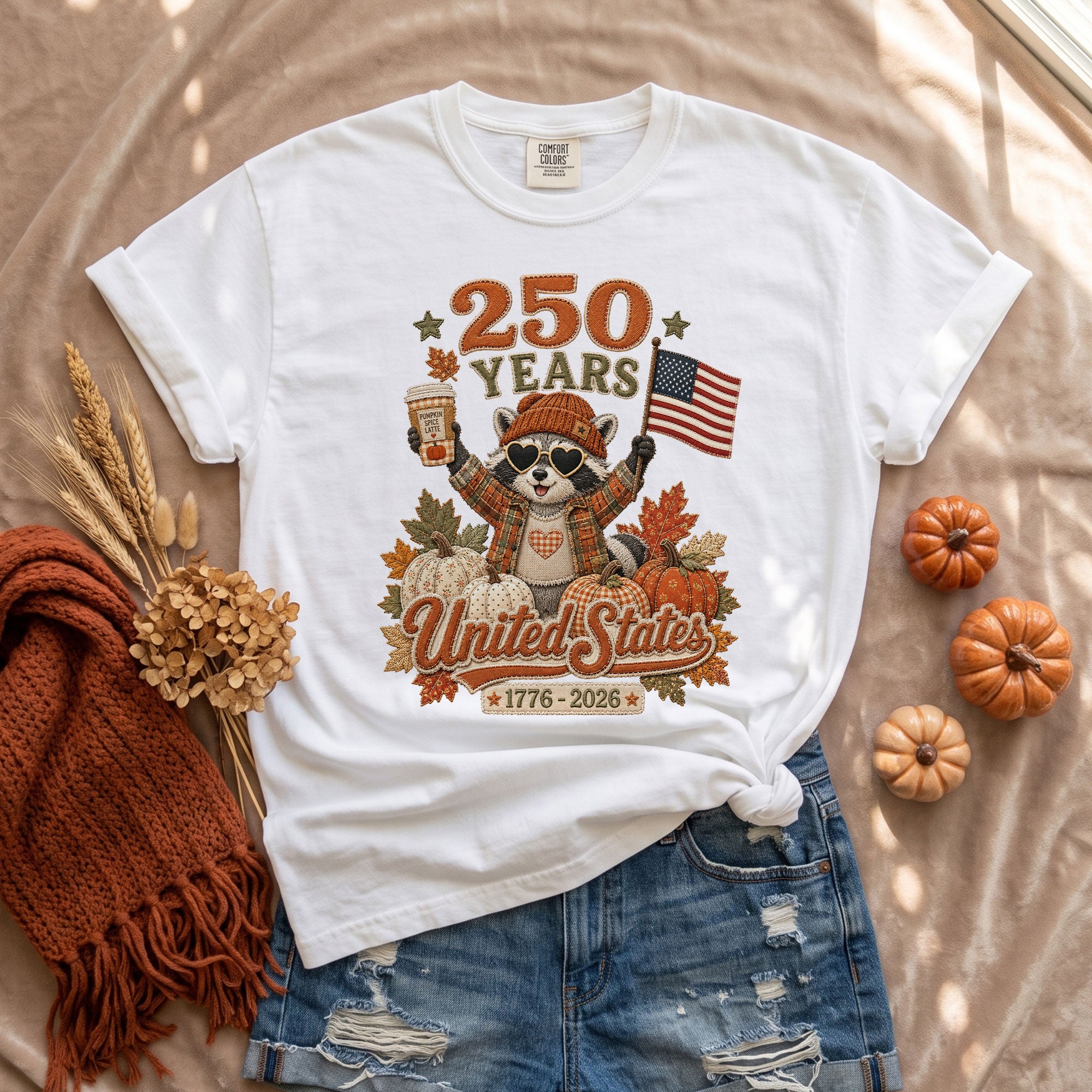 Raccoon Fall T-Shirt: 1776-2026 United States Autumn Graphic Tee for Thanksgiving