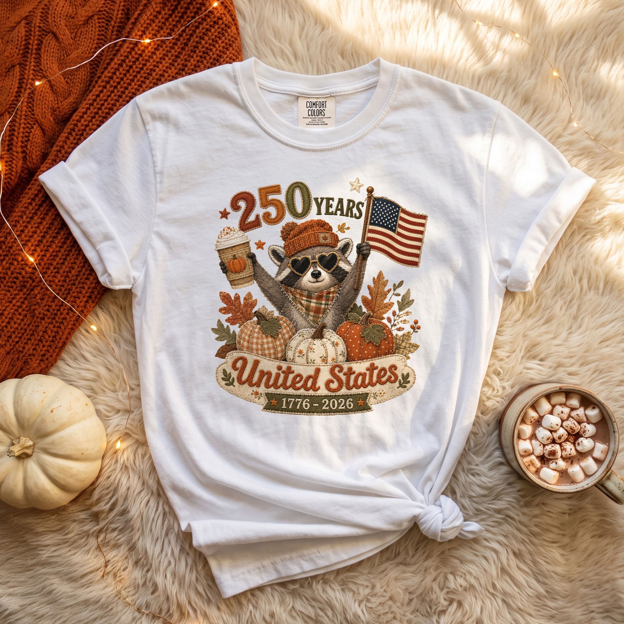 1776-2026 United States Fall Graphic Tee: Cute Raccoon Autumn Pumpkin Spice T-Shirt