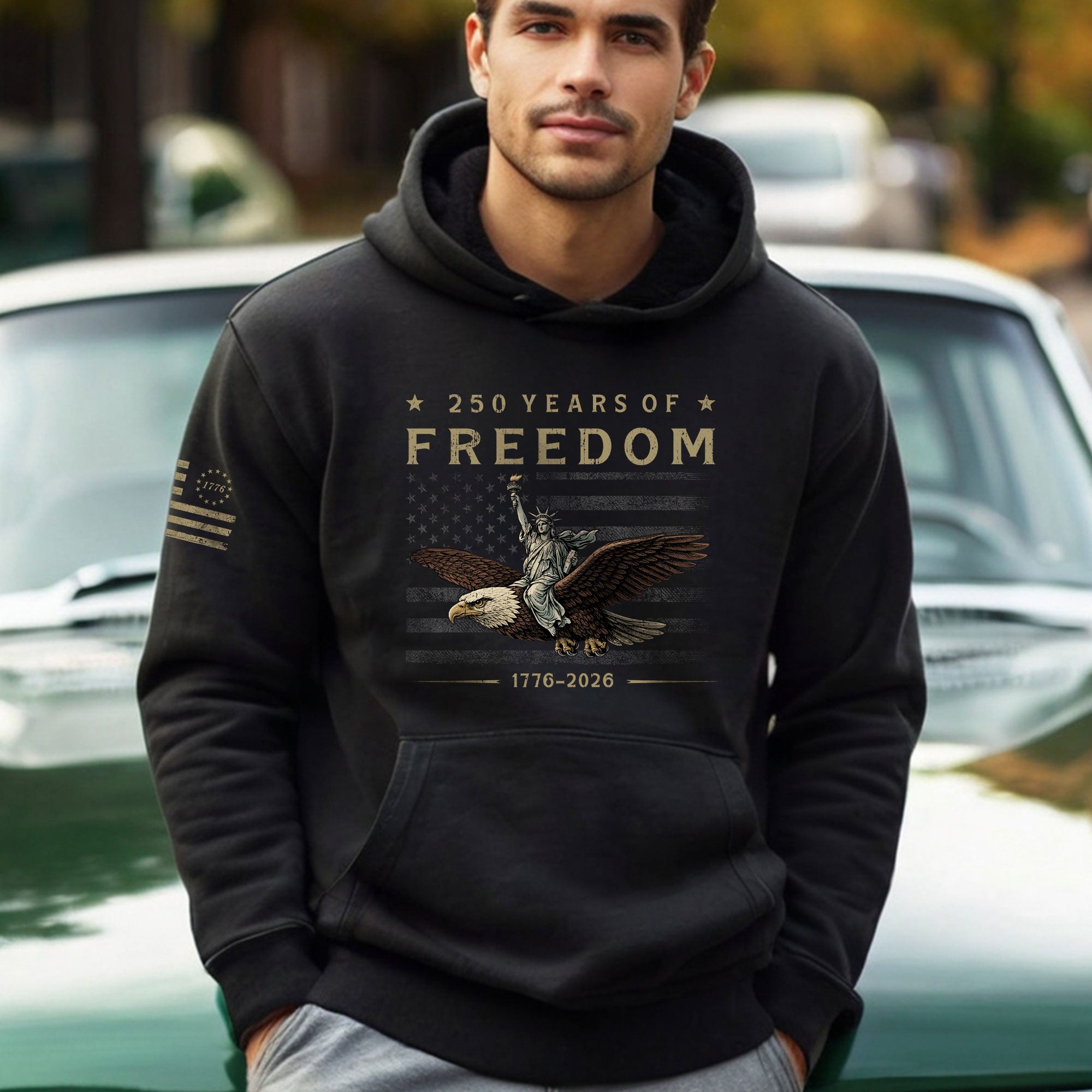 USA 250th Anniversary Hoodie 250 Years of Freedom 1776-2026 American Flag Eagle Liberty Patriotic - Rust Field Wear