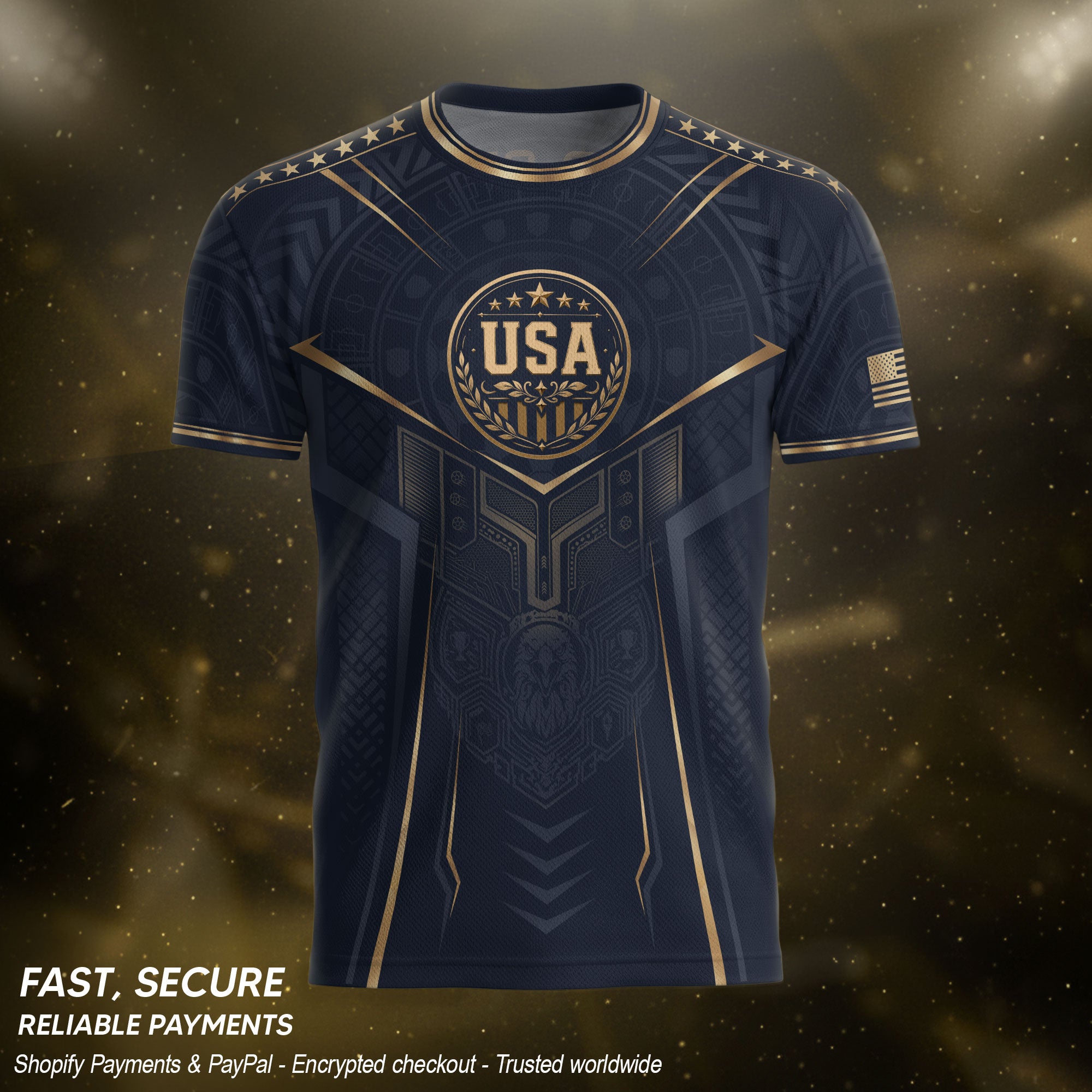 USA Soccer Jersey Navy Gold Eagle Shield Graphic Sports Tee for Soccer Fans