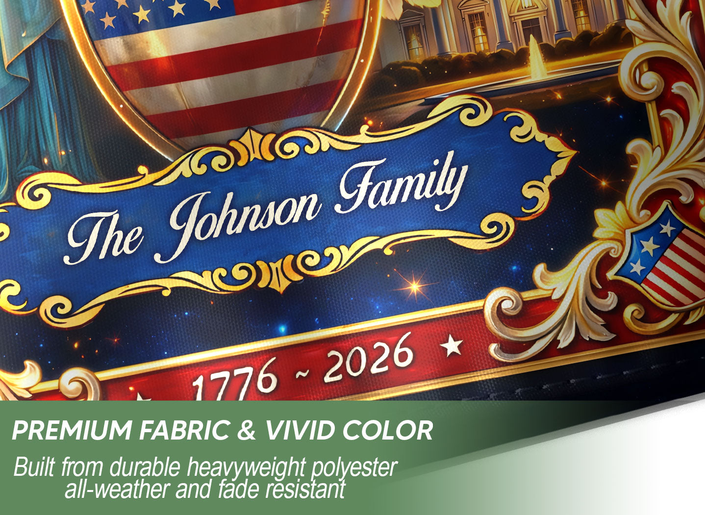 Custom Family Name 250th Anniversary Garden Flag – USA Eagle & Statue of Liberty 1776-2026