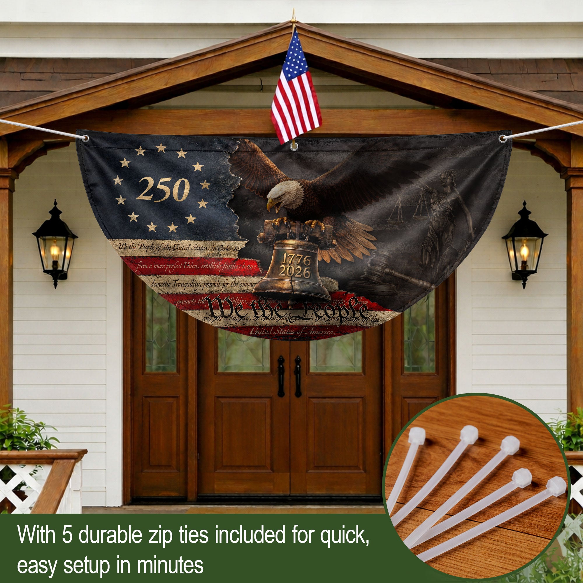 250 Years Liberty Bell Fence Flag Patriotic Bald Eagle - We The People Outdoor Banner