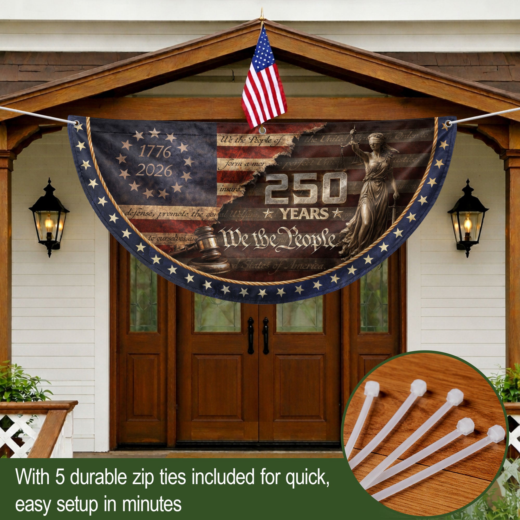 We The People Fence Flag Lady Justice & Gavel 250 Years Patriotic - 1776-2026 Decor