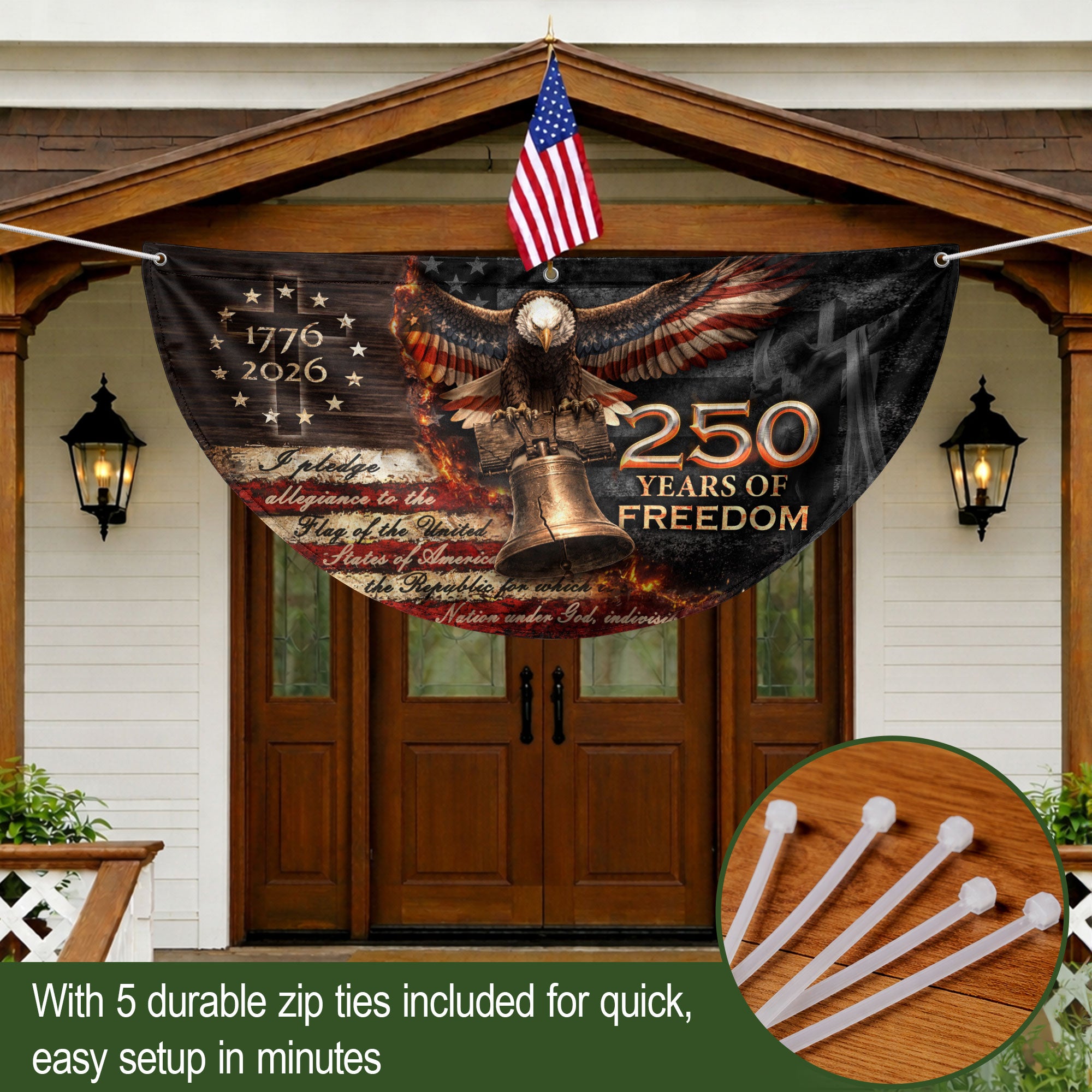 250 Years of Freedom Fence Flag 1776-2026 – Christian Patriotic Cross & Liberty Bell USA Double Sided Banner