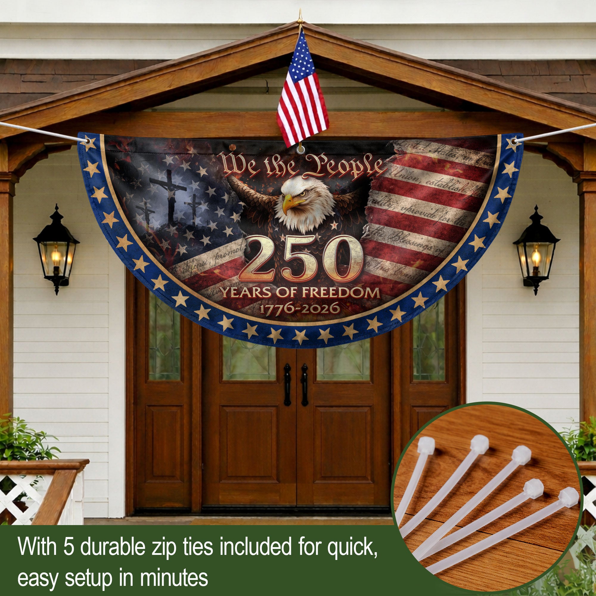 USA 250th Anniversary Fence Flag 1776-2026 – American Flag with Cross We The People Christian Patriotic Banner