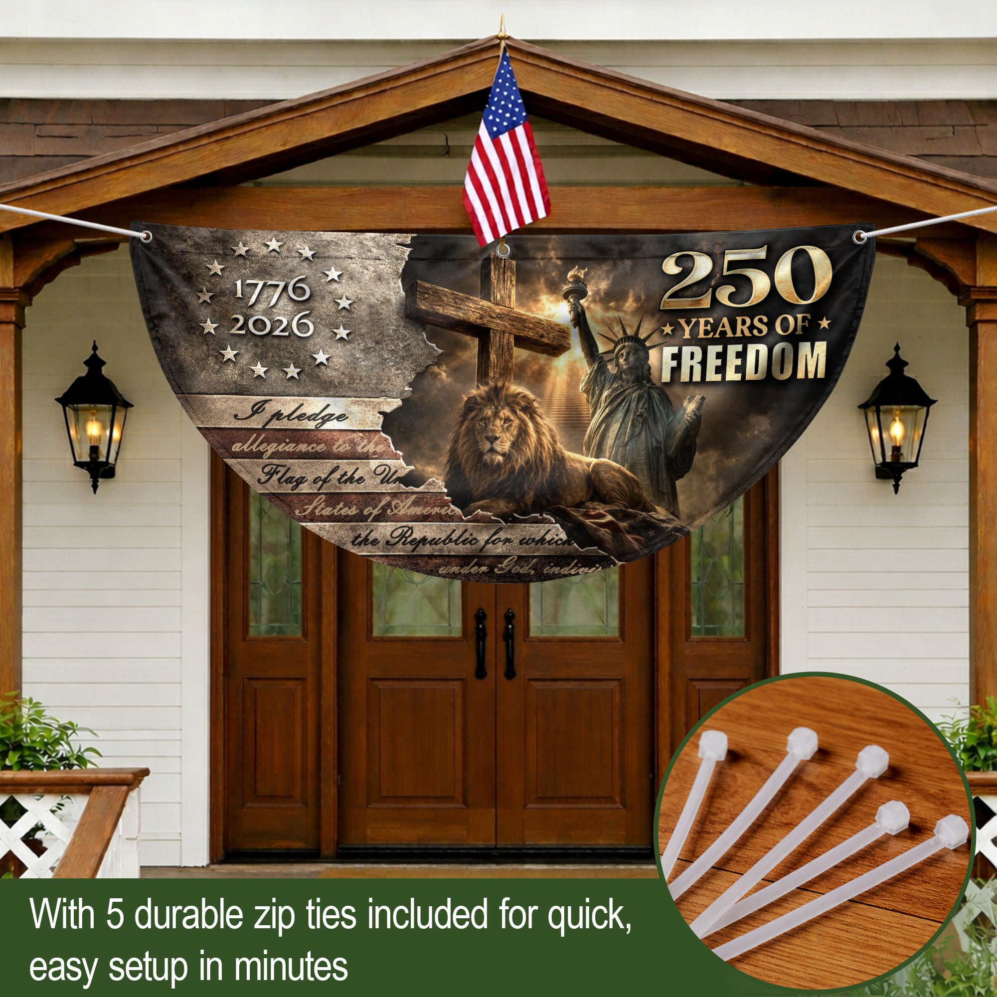 God Bless America 250 Years Fence Flag 1776-2026 – Lion & Cross Christian Patriotic USA Double Sided Banner