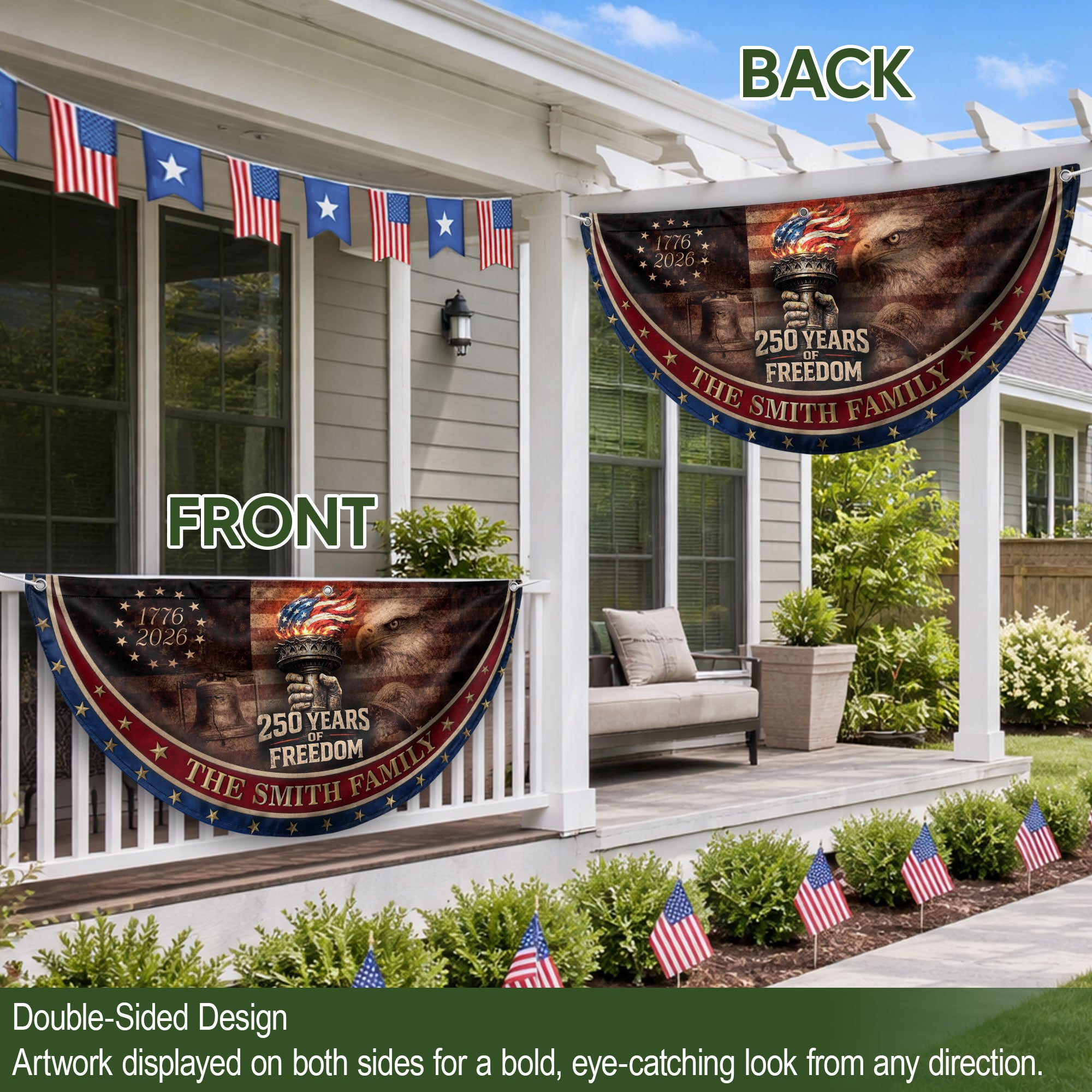 250 Anniversary USA Flag Fence Flag Custom Family Name, American Flag 250 Year Anniversary Banner with Eagle Design