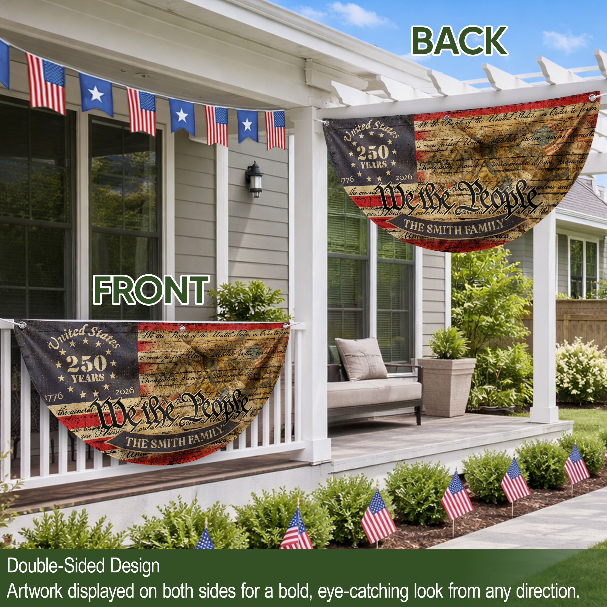 American Flag 250 Year Anniversary Fence Flag Custom Family Name, 250 Anniversary USA Banner, We The People Flag Design