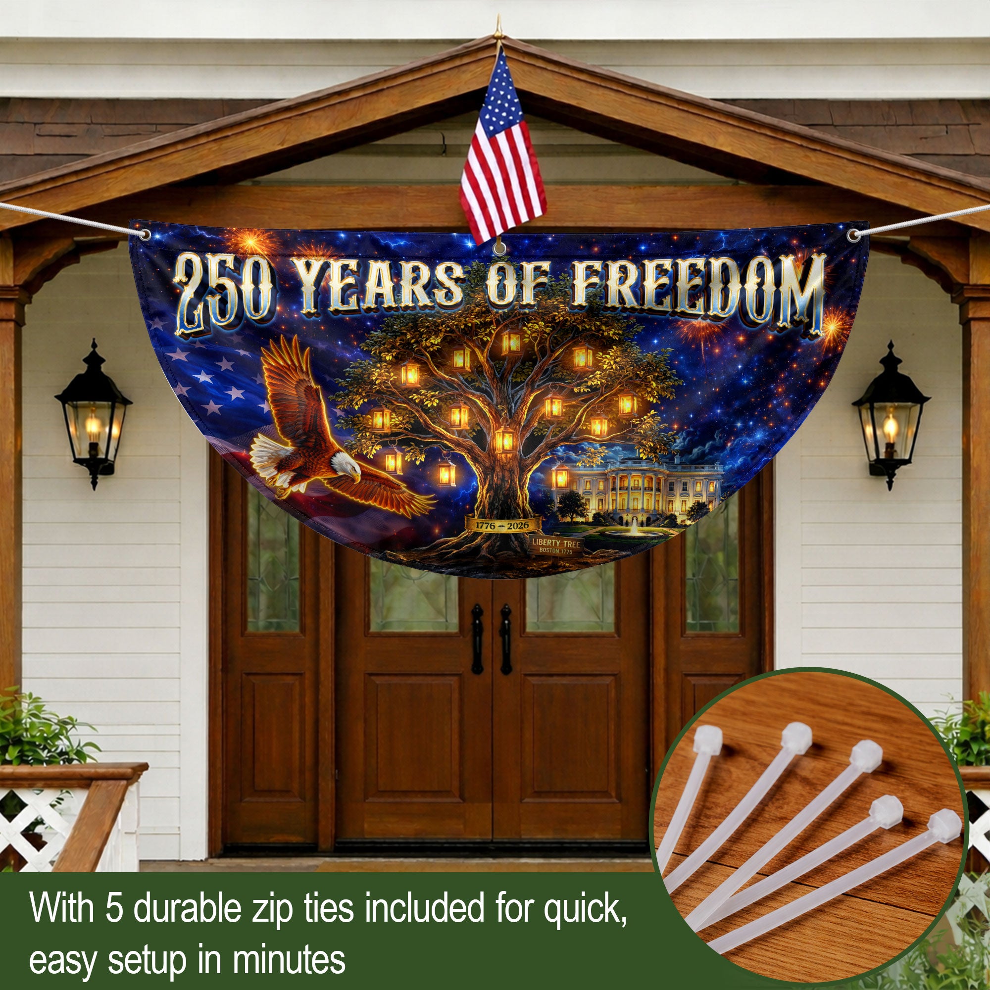 USA 250 Years Fence Banner 1776-2026 Patriotic Liberty Tree Eagle Banner