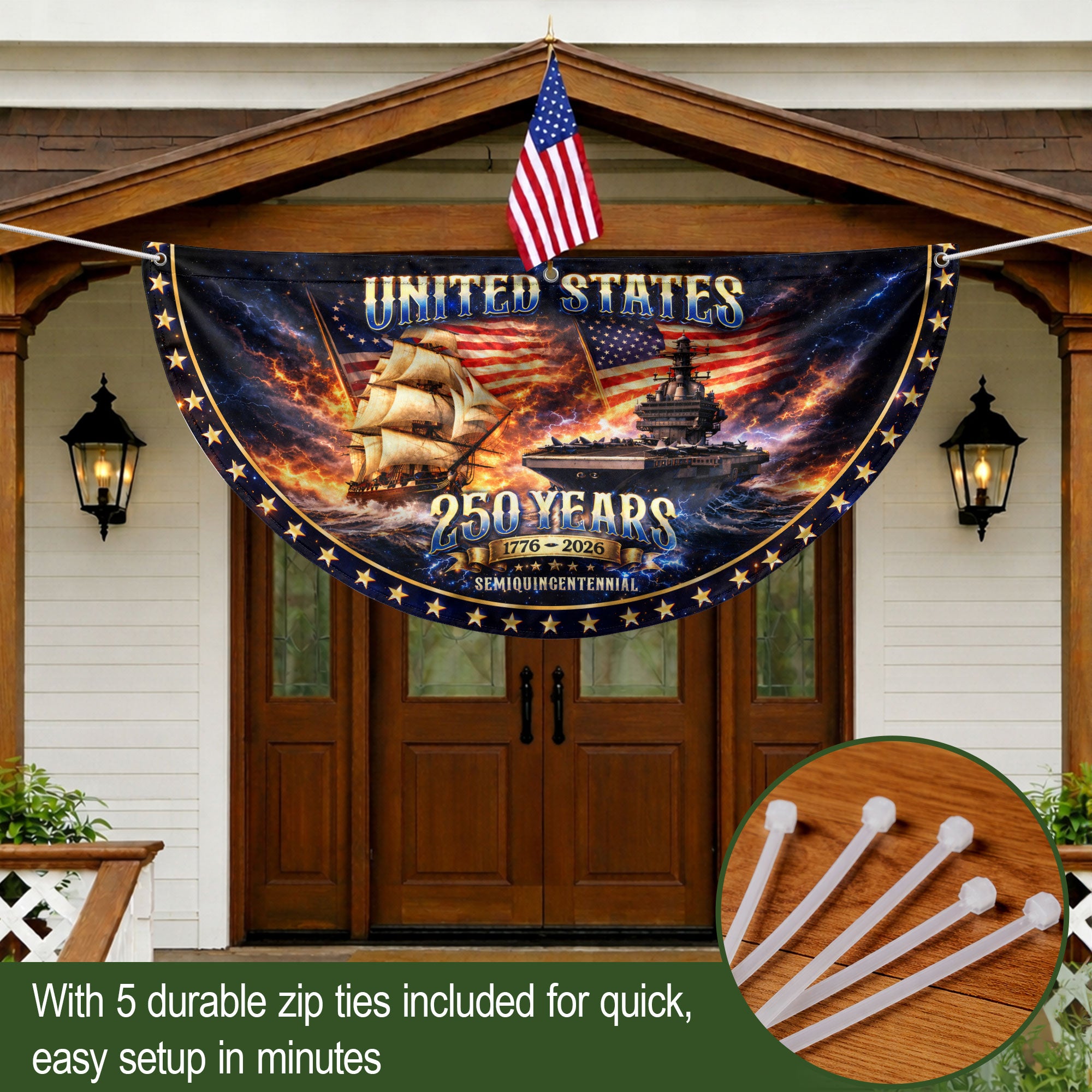 250 Years United States Fence Flag 1776-2026 Patriotic Navy Ship Outdoor Yard Banner