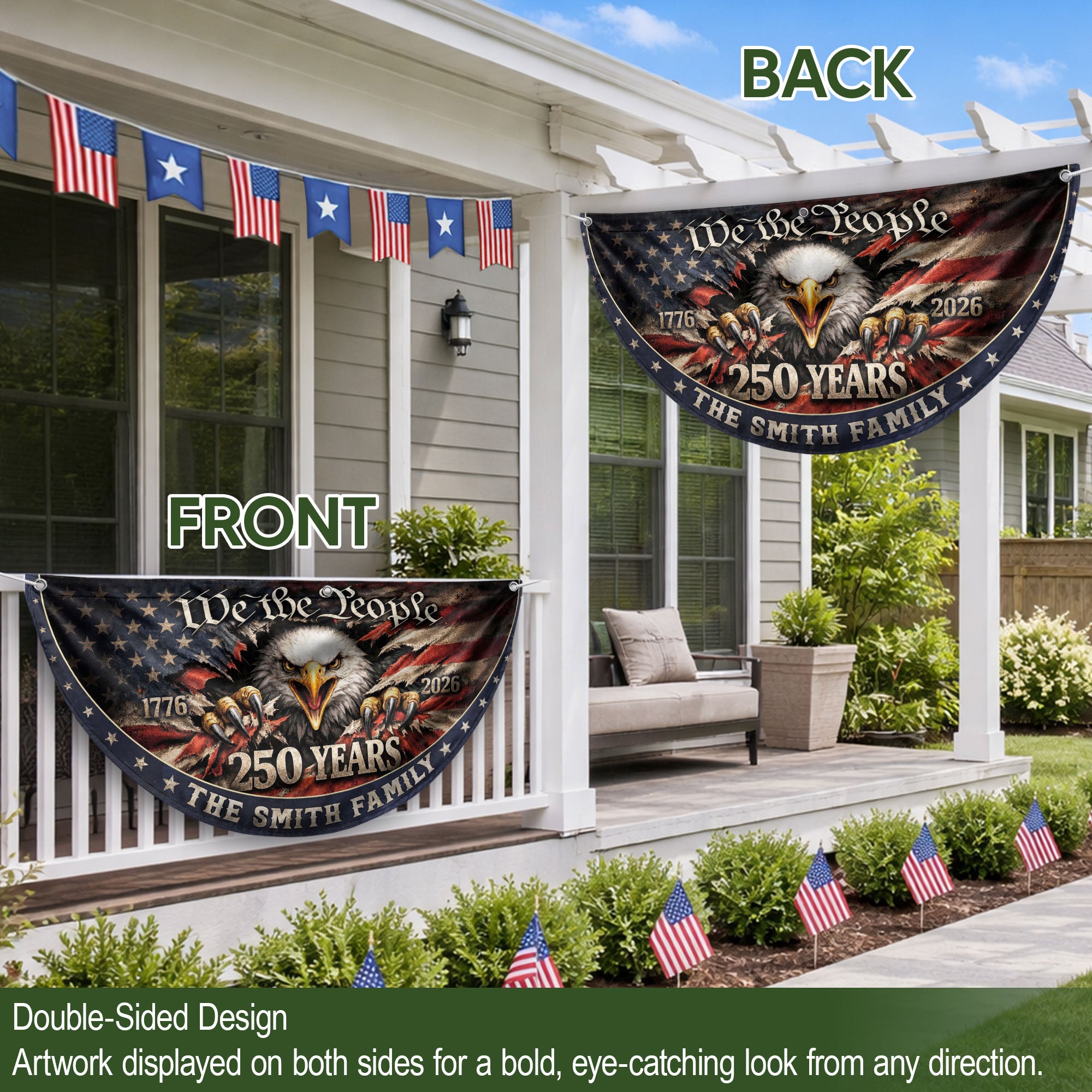 American Eagle Fence Flag Custom Family Name 250 Years Freedom 1776-2026 Patriotic Yard Decor