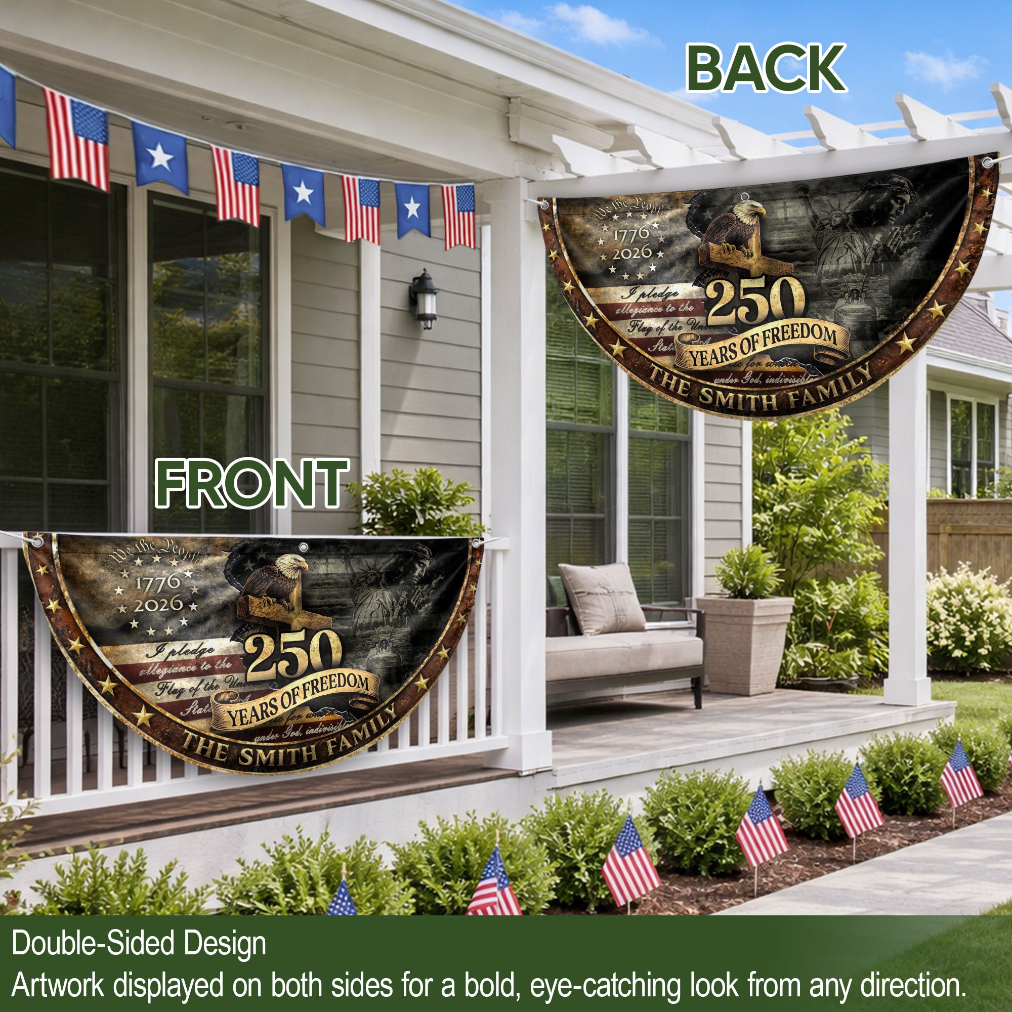 Faith Eagle Cross Fence Flag Custom Family Name 250 Years Freedom 1776-2026 Patriotic Decor