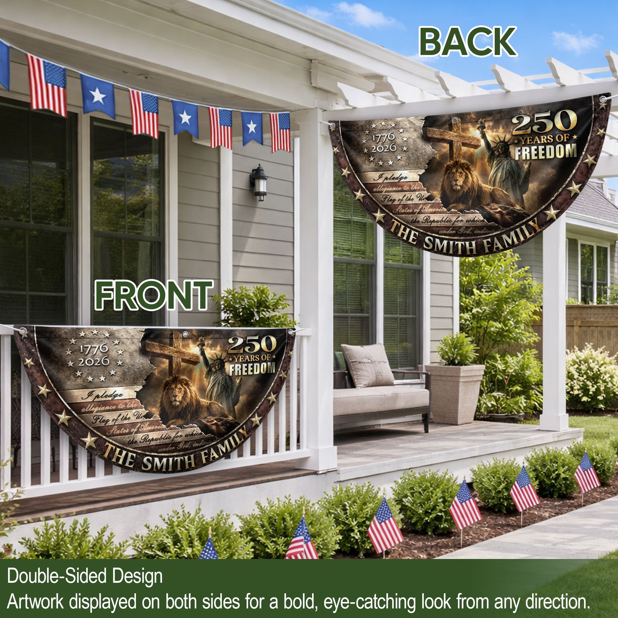Christian Lion Cross Fence Flag Custom Family Name 250 Years Freedom 1776-2026 Patriotic Decor